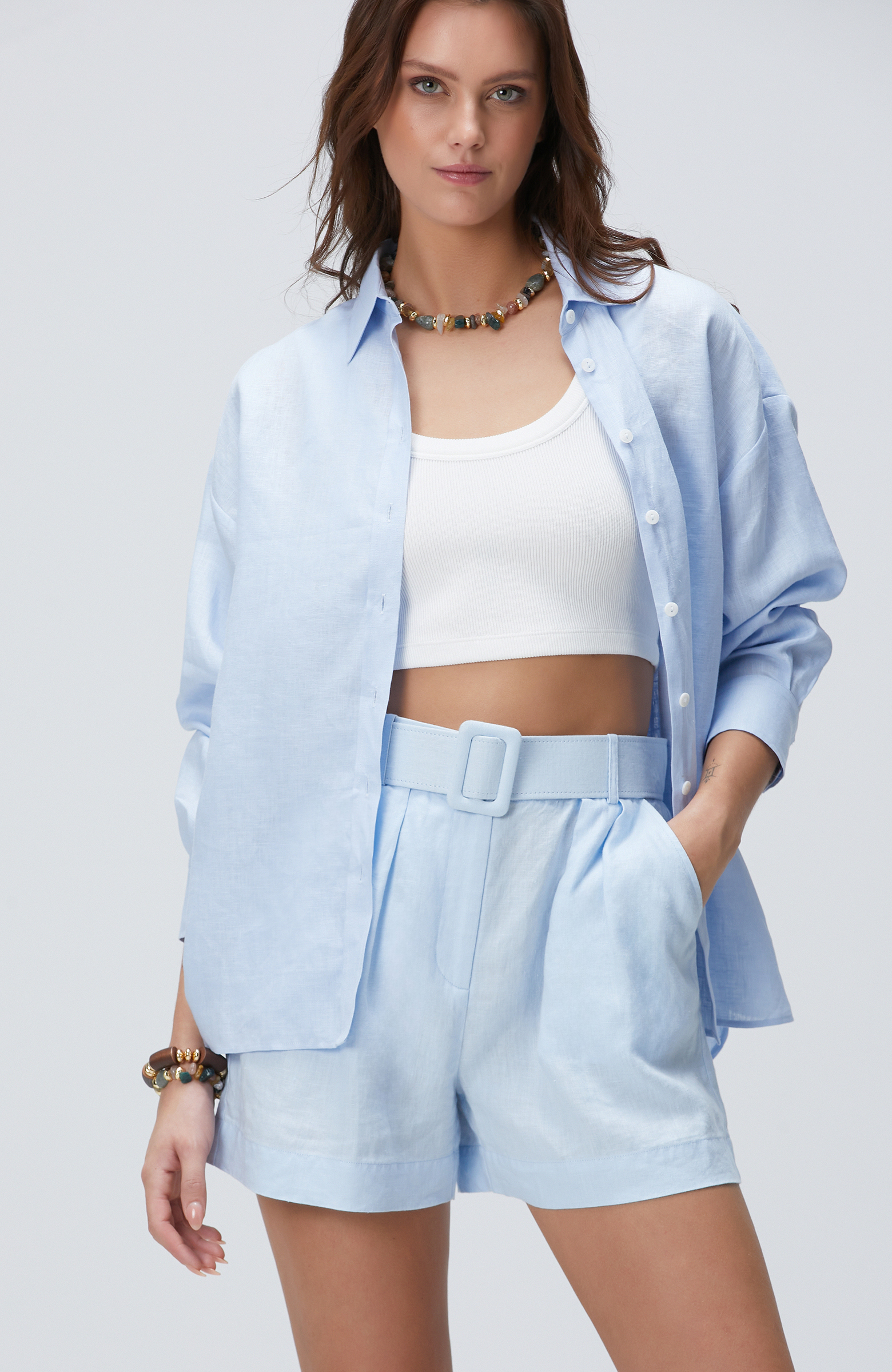 Açık Mavi Keten Gömlek