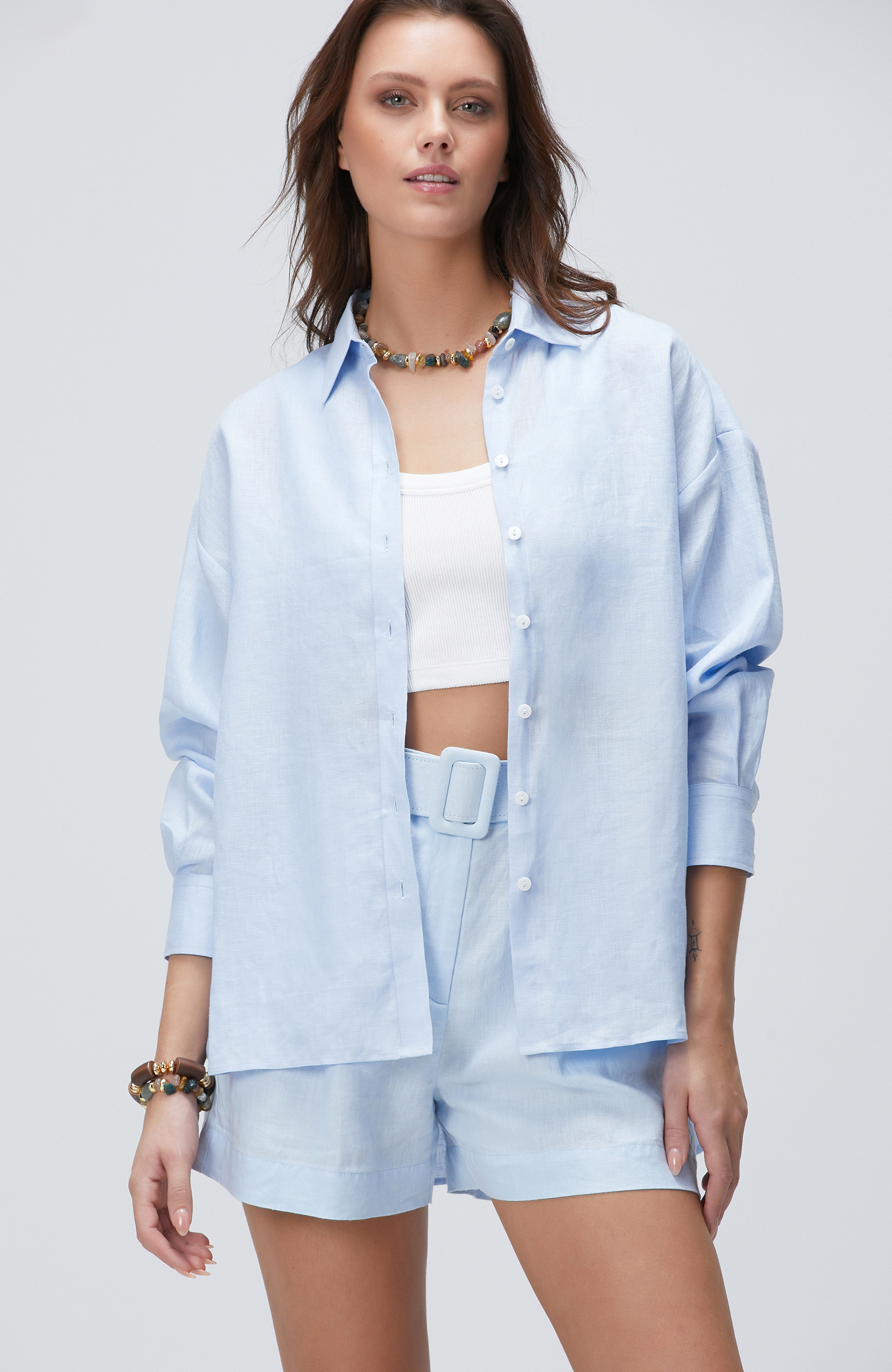 Açık Mavi Keten Gömlek