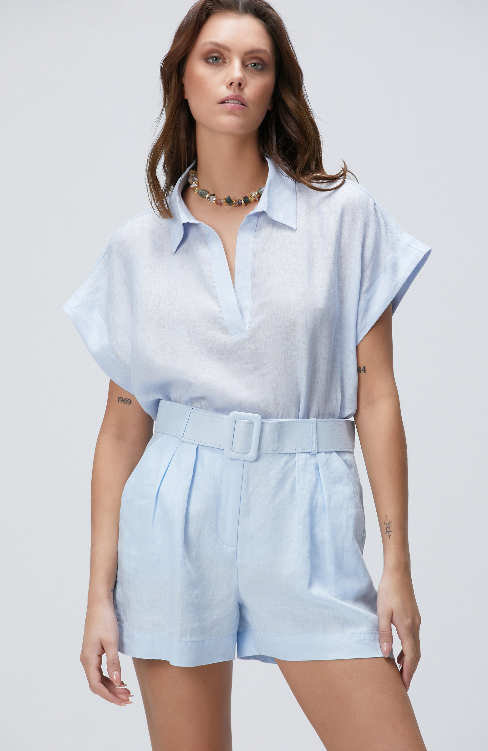 Açık Mavi Keten Bluz