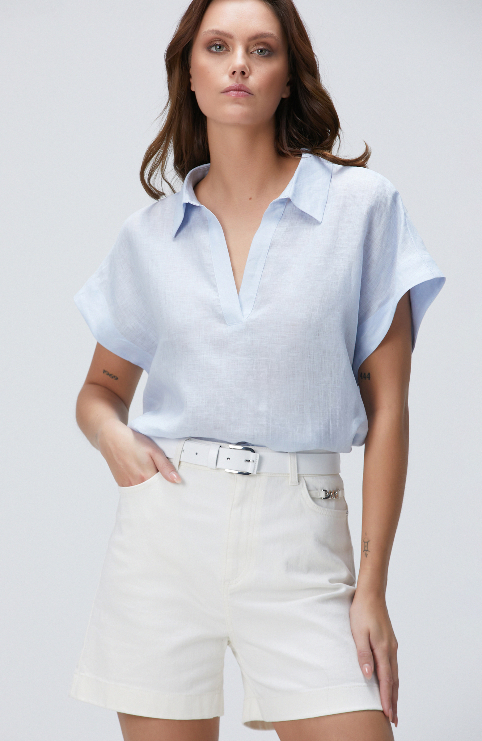 Açık Mavi Keten Bluz