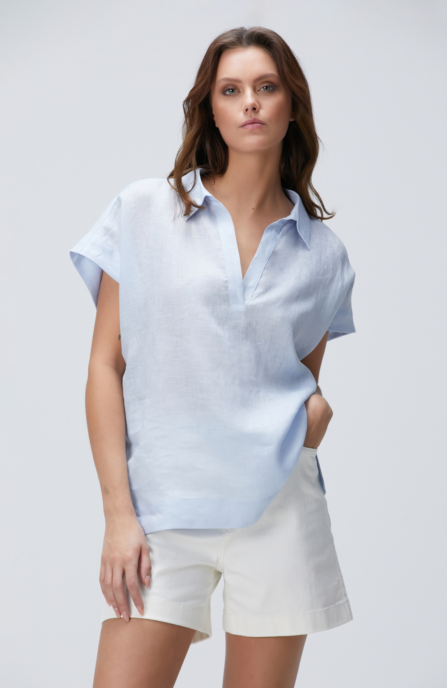 Açık Mavi Keten Bluz