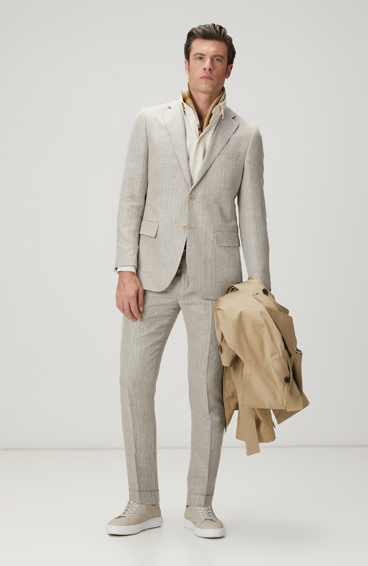 Limited Loro Piana Kumaşından Üretilen Bej Keten İpek Karışımlı Takım Elbise