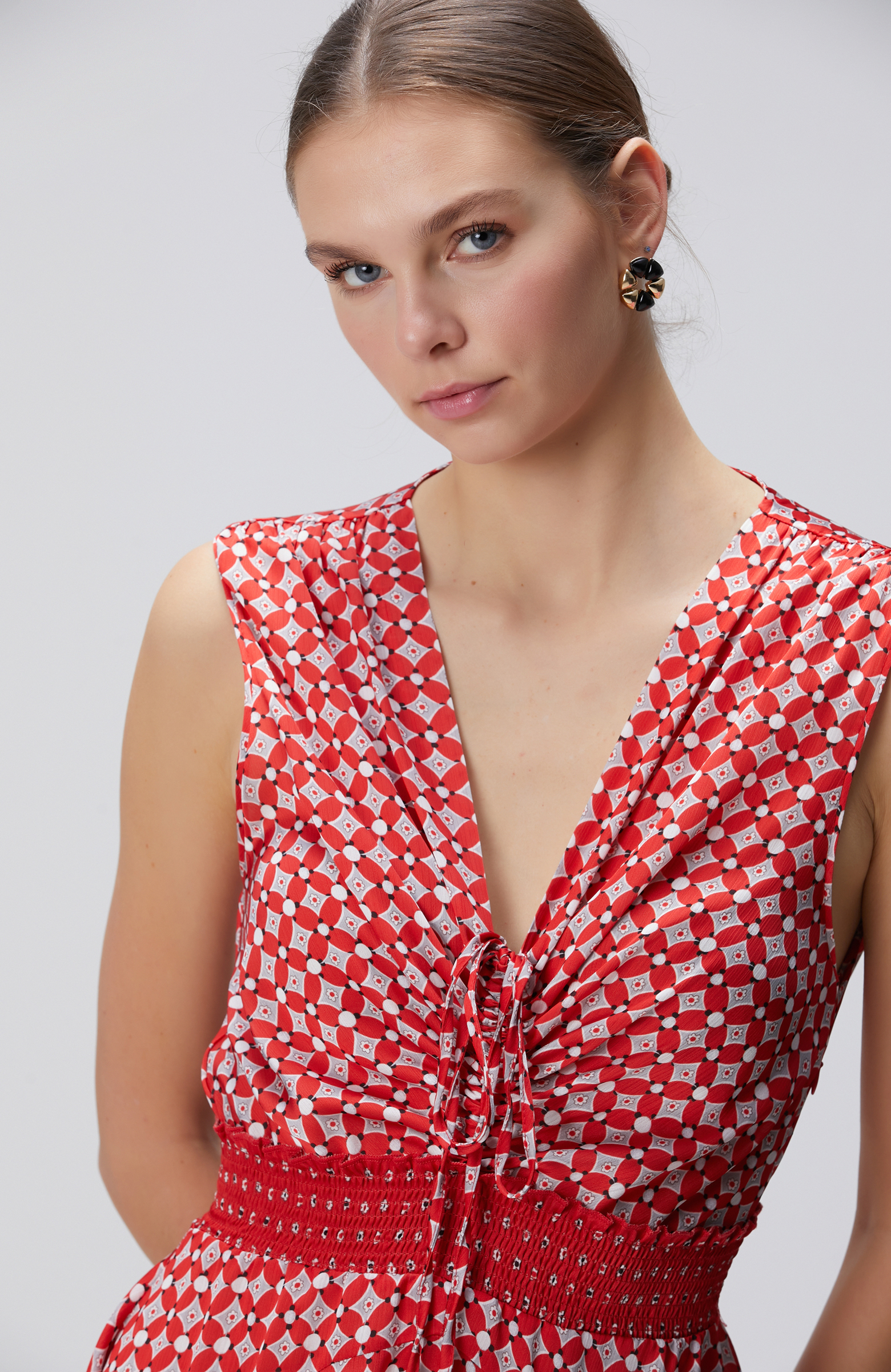 Kırmızı Desenli Mini Elbise