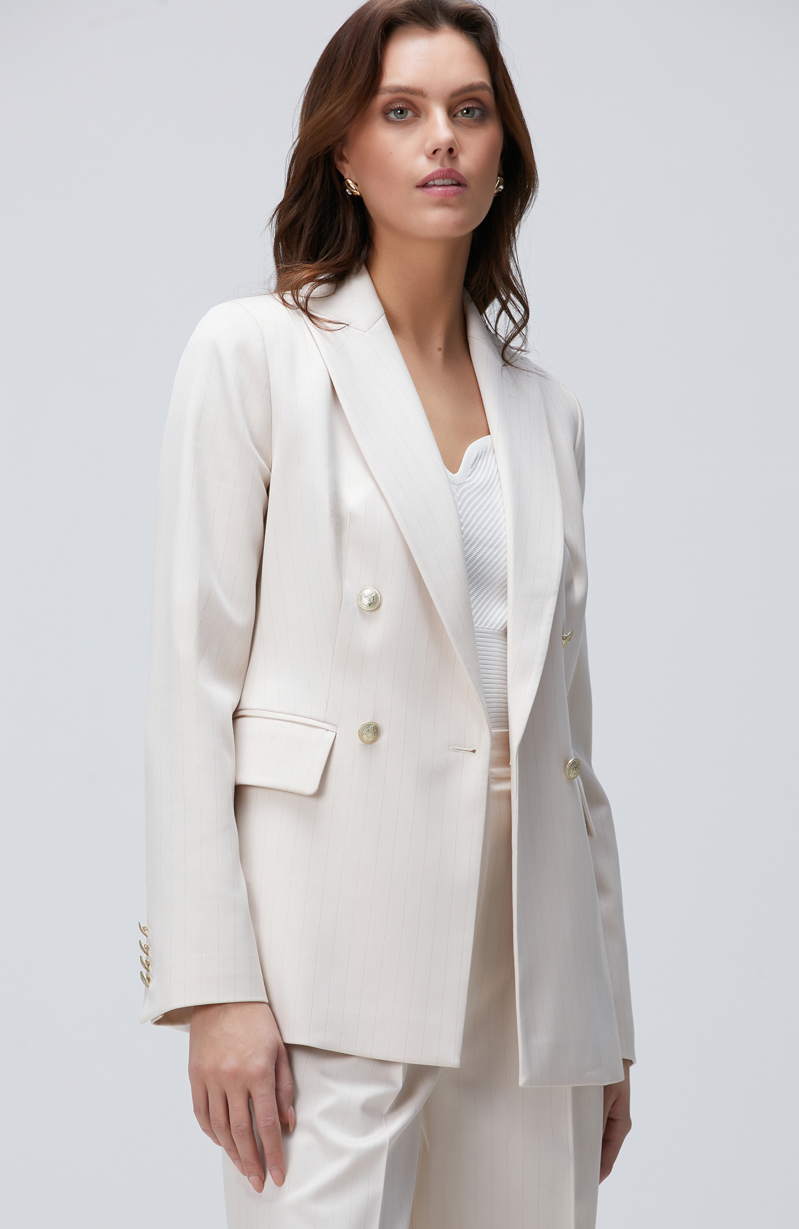 Bej Çizgili Blazer Ceket