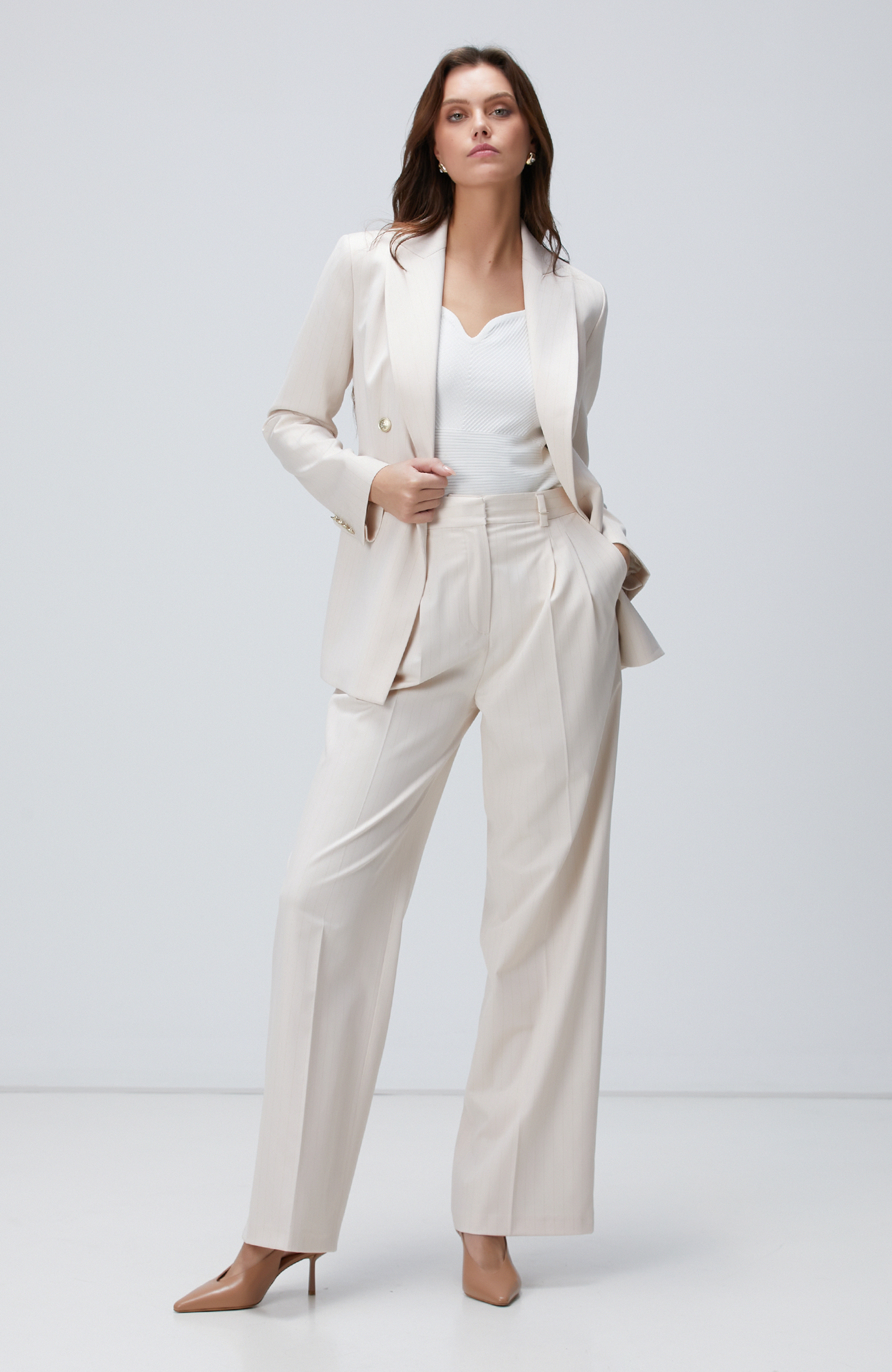 Bej Çizgili Blazer Ceket