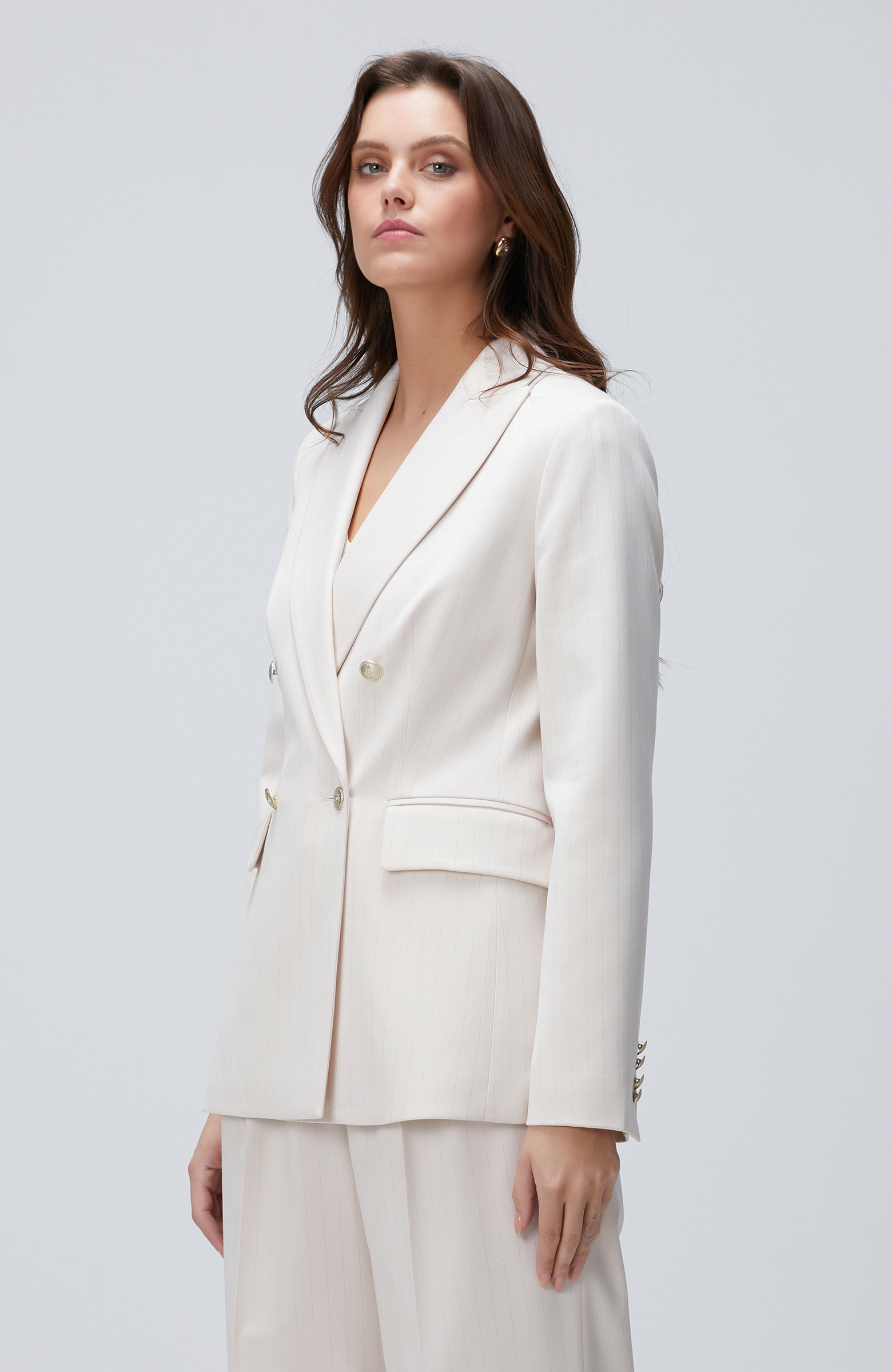 Bej Çizgili Blazer Ceket