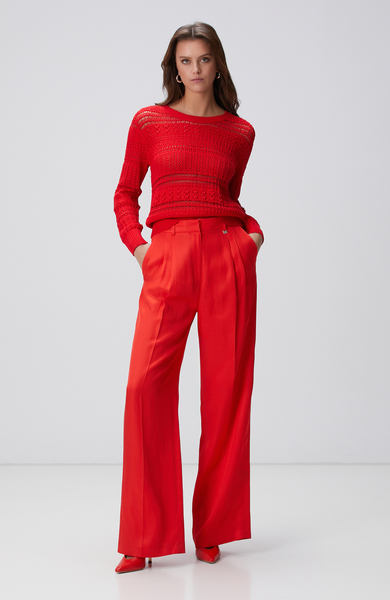 Kırmızı Örgü Detaylı Triko Kazak