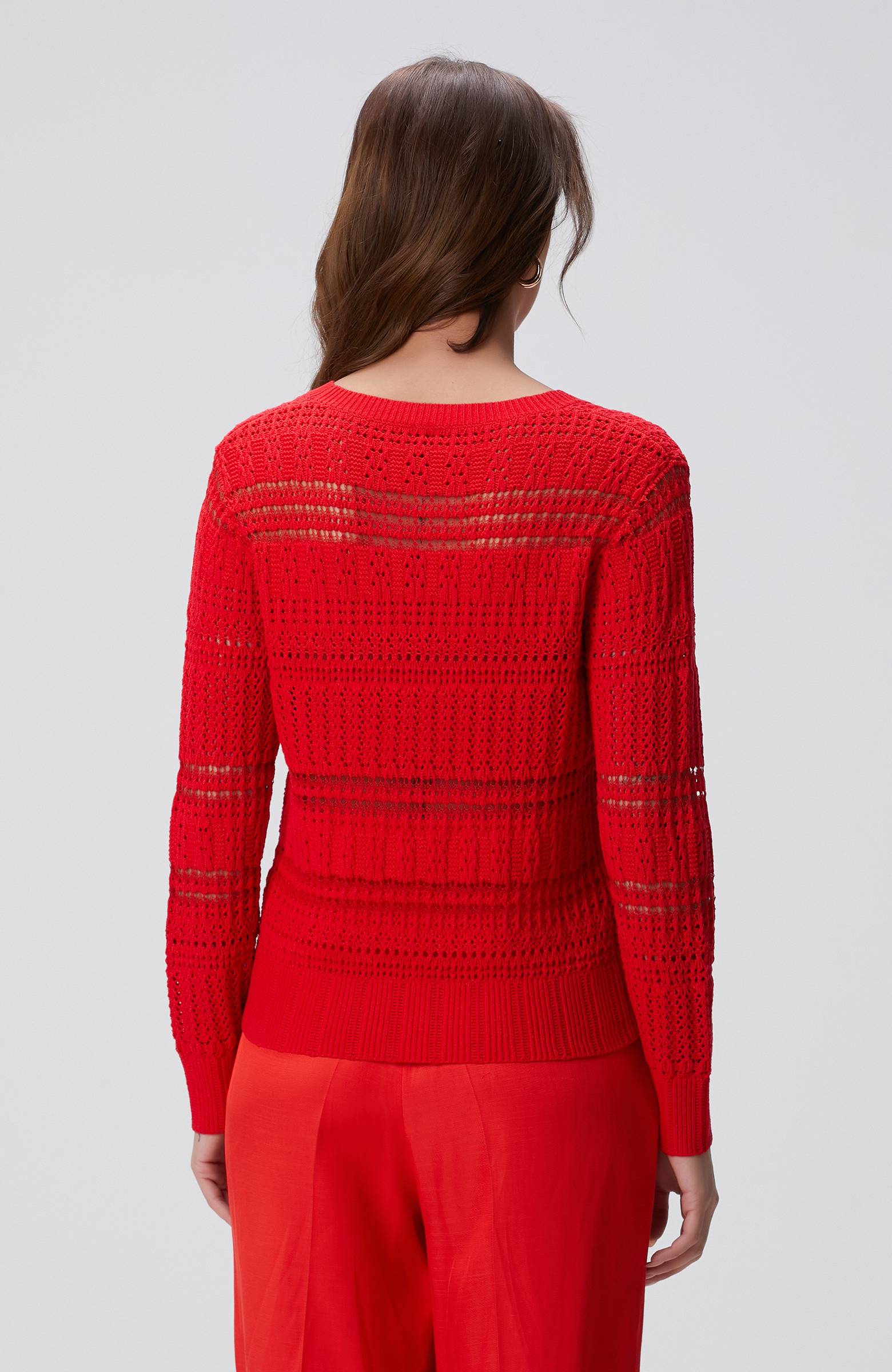 Kırmızı Örgü Detaylı Triko Kazak
