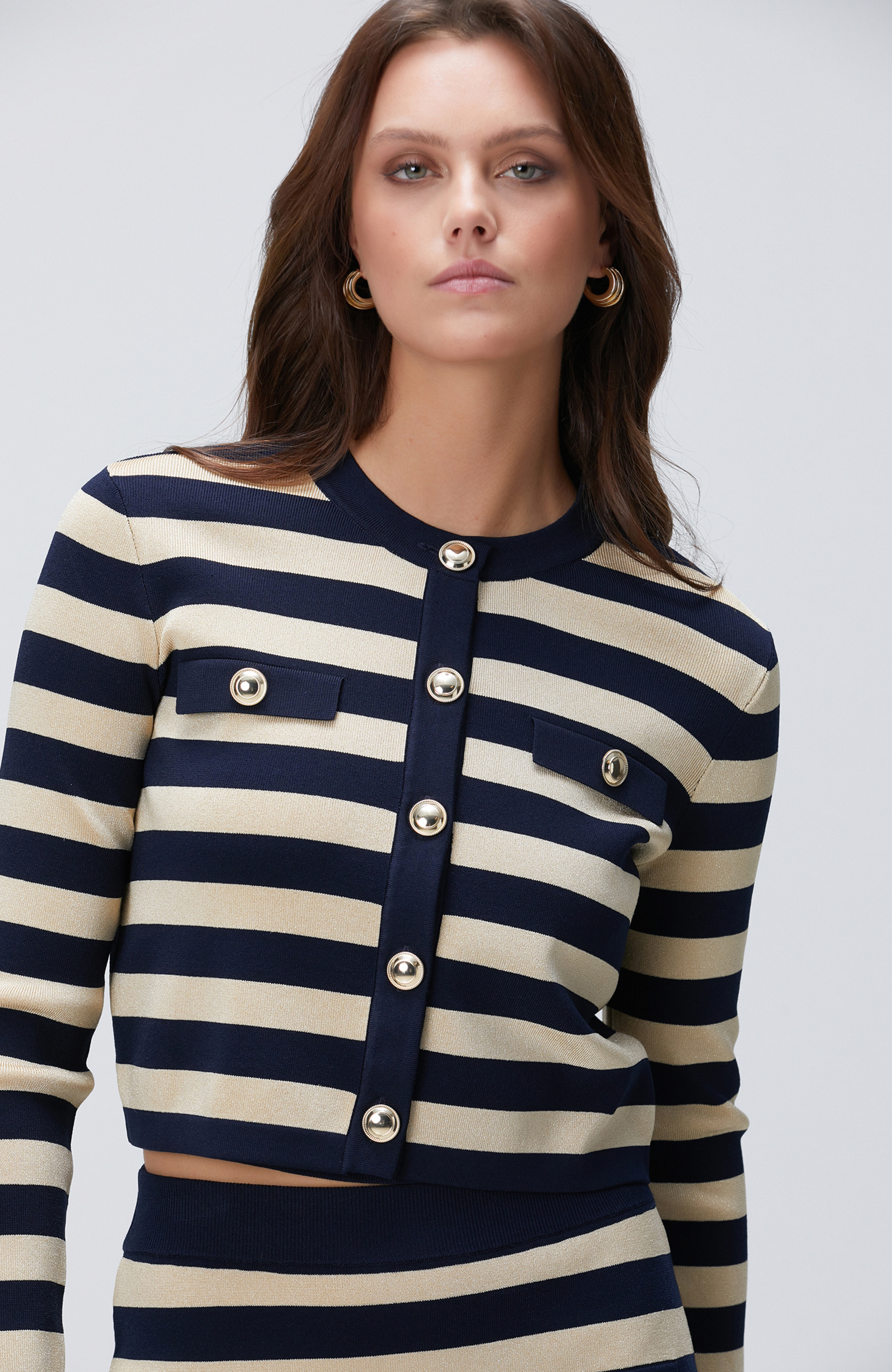 Lacivert Gold Çizgili Triko Ceket