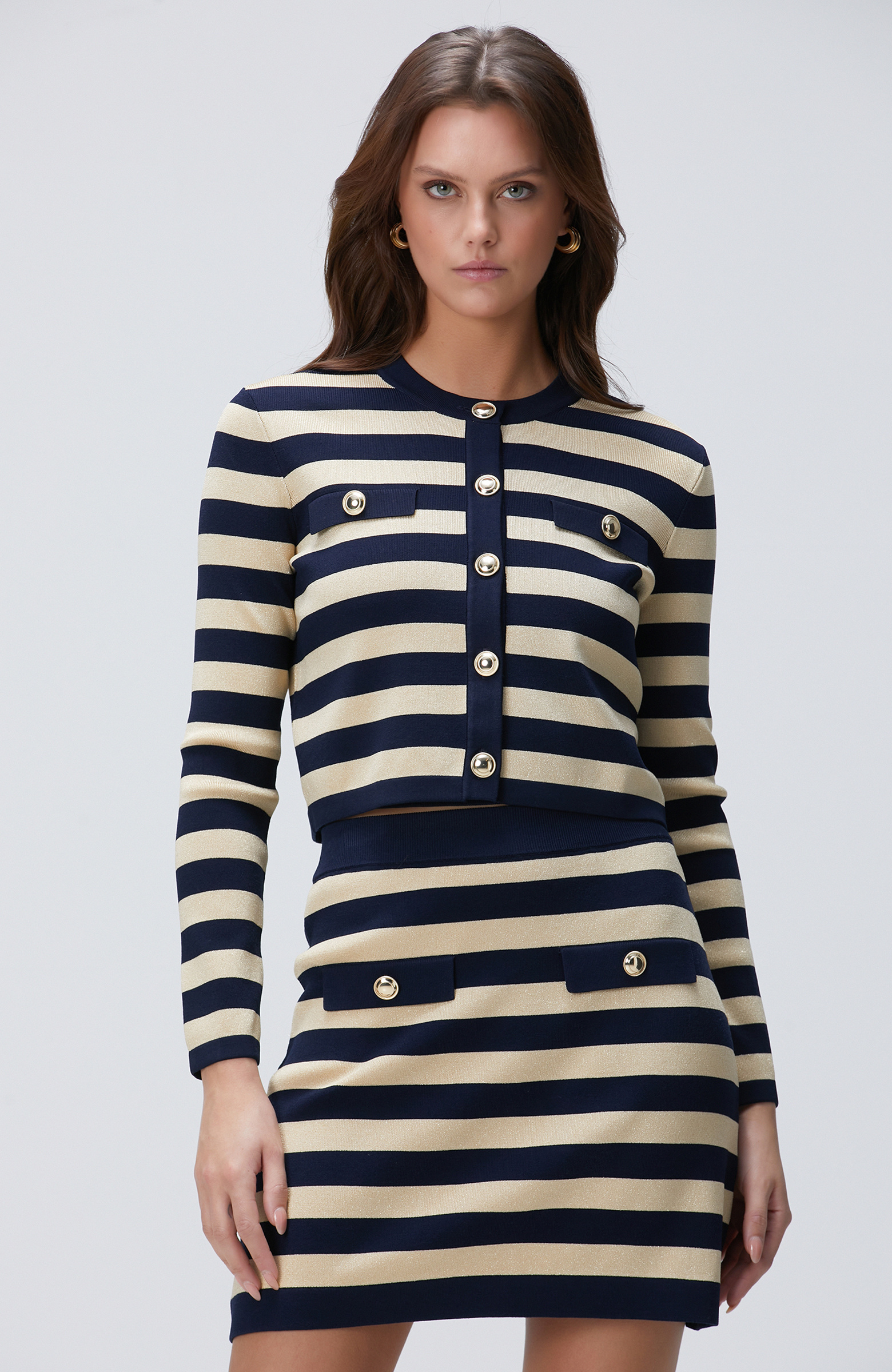 Lacivert Gold Çizgili Triko Ceket