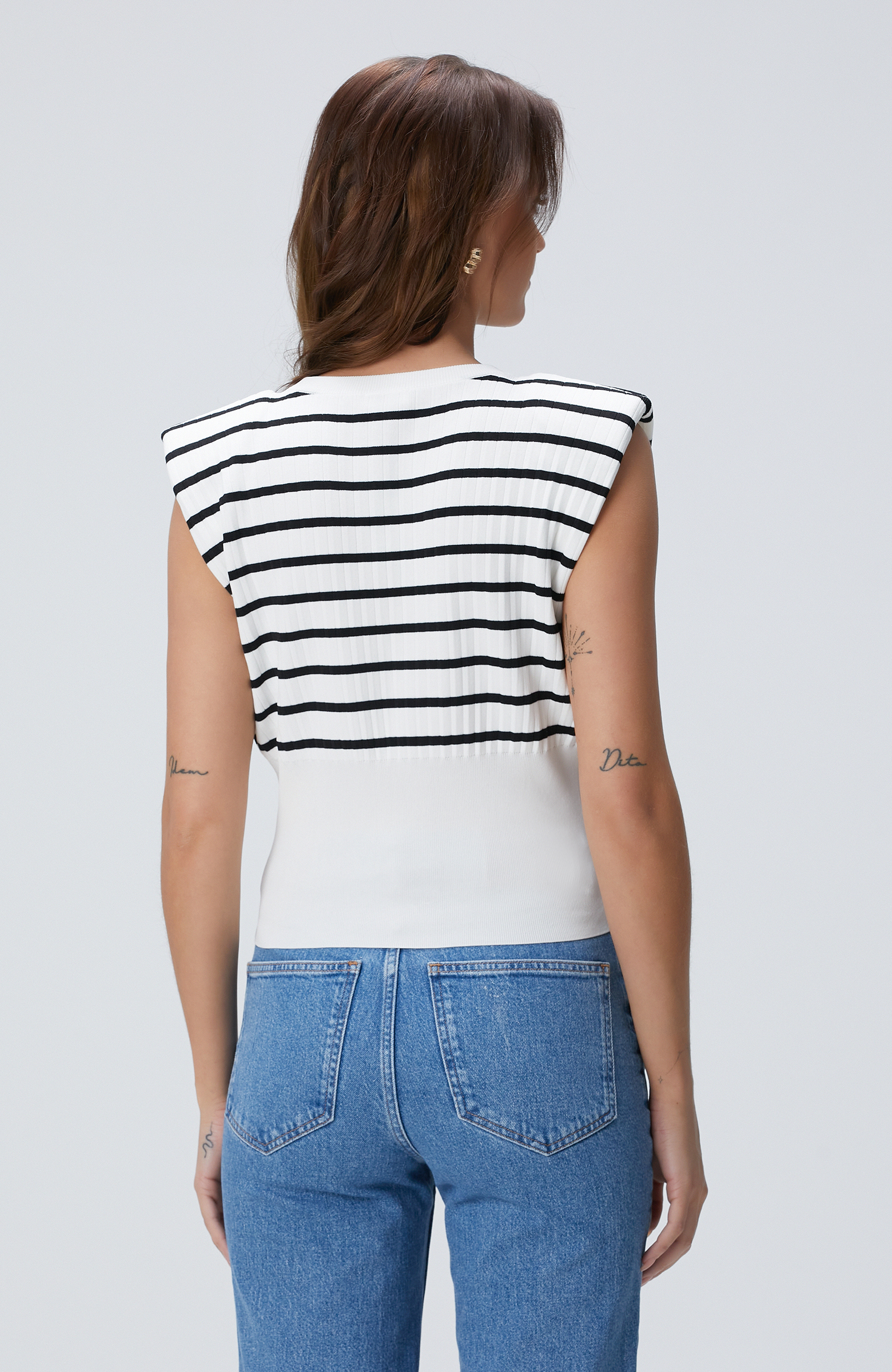 Siyah Kırık Beyaz Düşük Kol Çizgili Triko