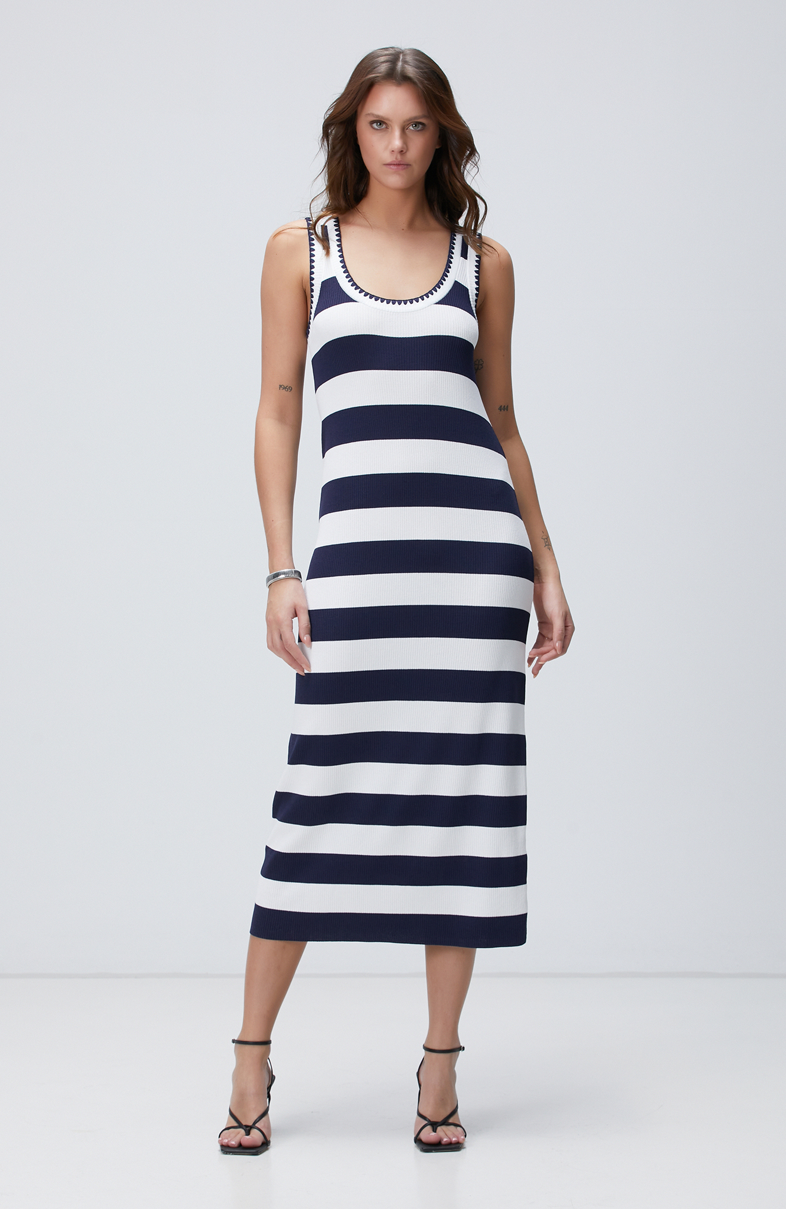 Beyaz Lacivert Çizgili Elbise