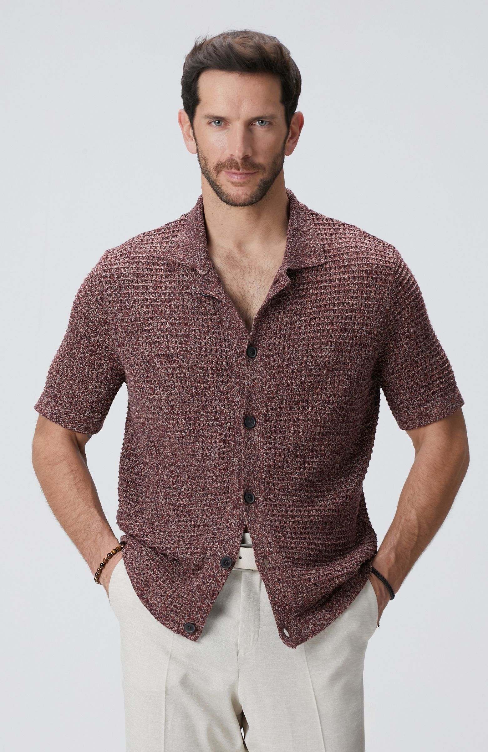 Bordo Keten Karışımlı Triko Hırka