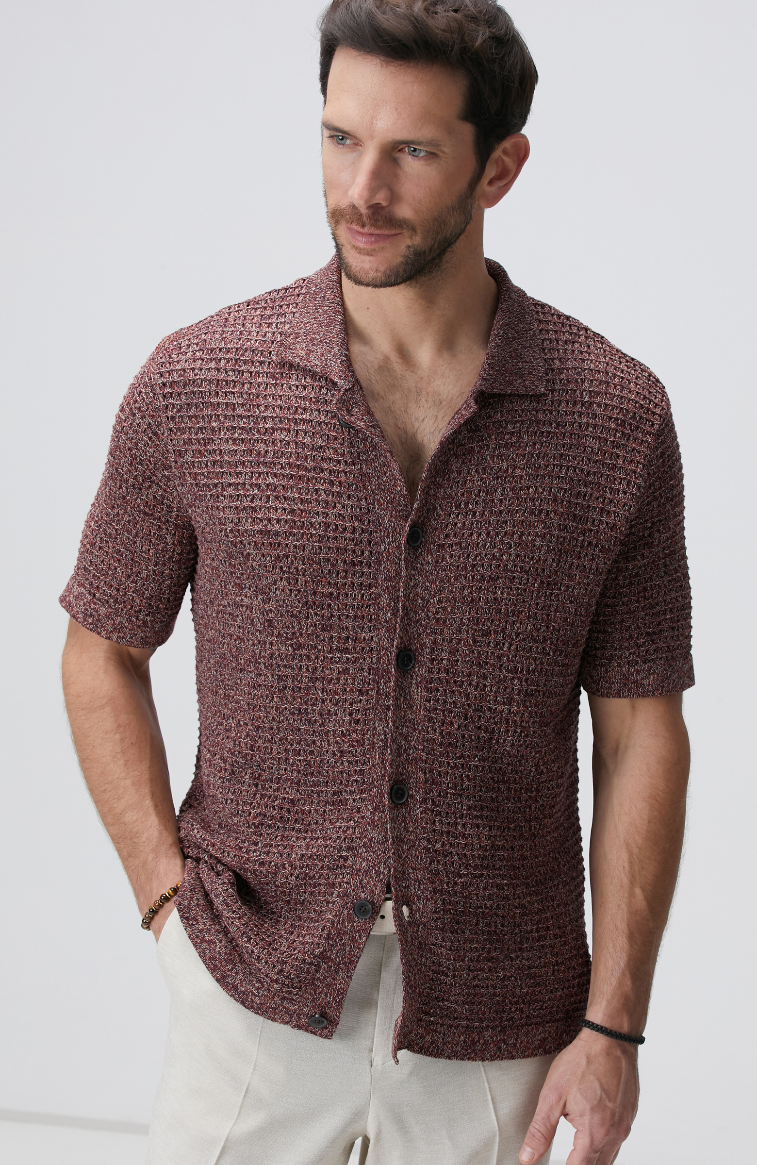 Bordo Keten Karışımlı Triko Hırka