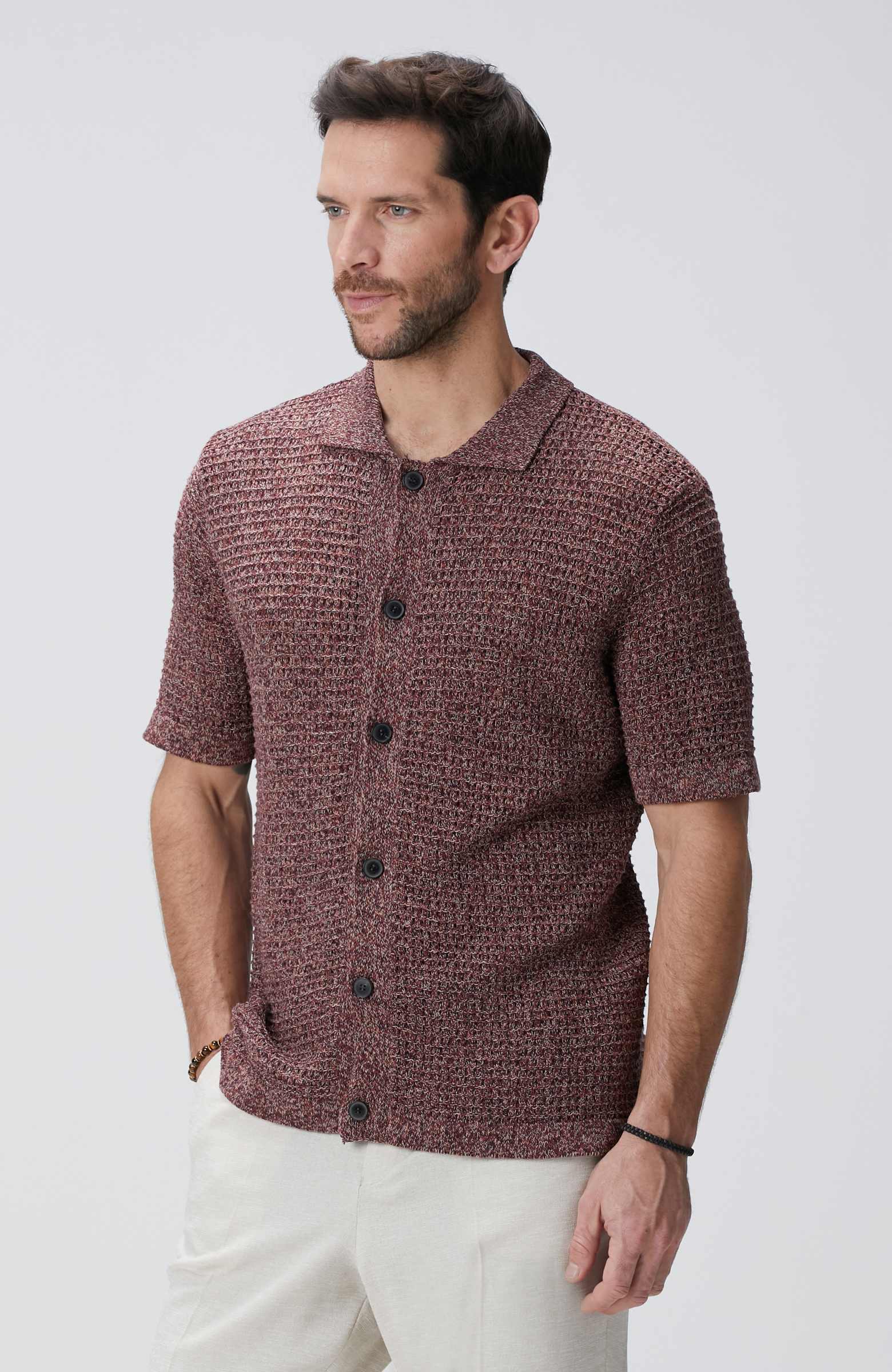 Bordo Keten Karışımlı Triko Hırka