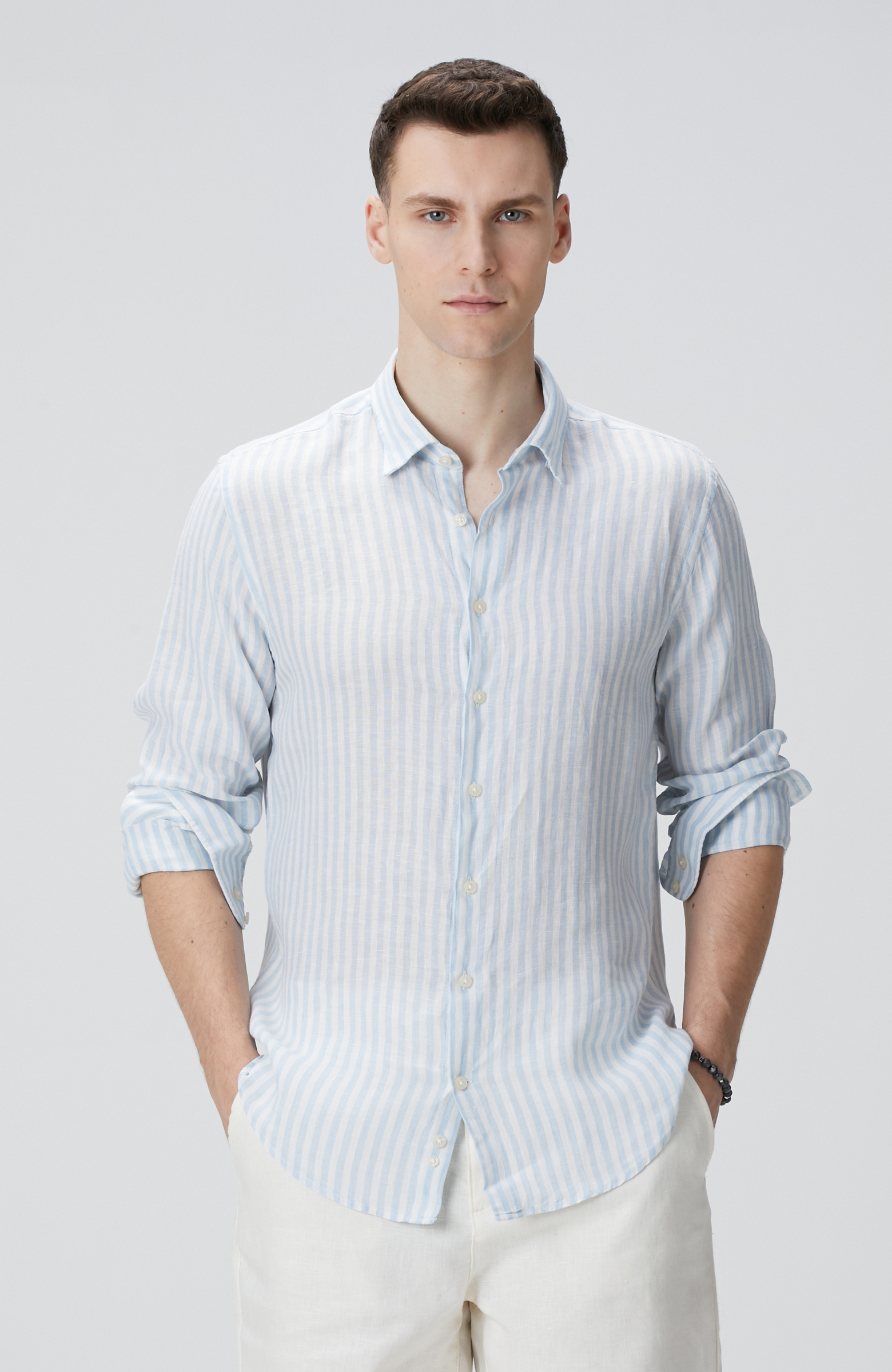 Mavi Beyaz Keten Gömlek