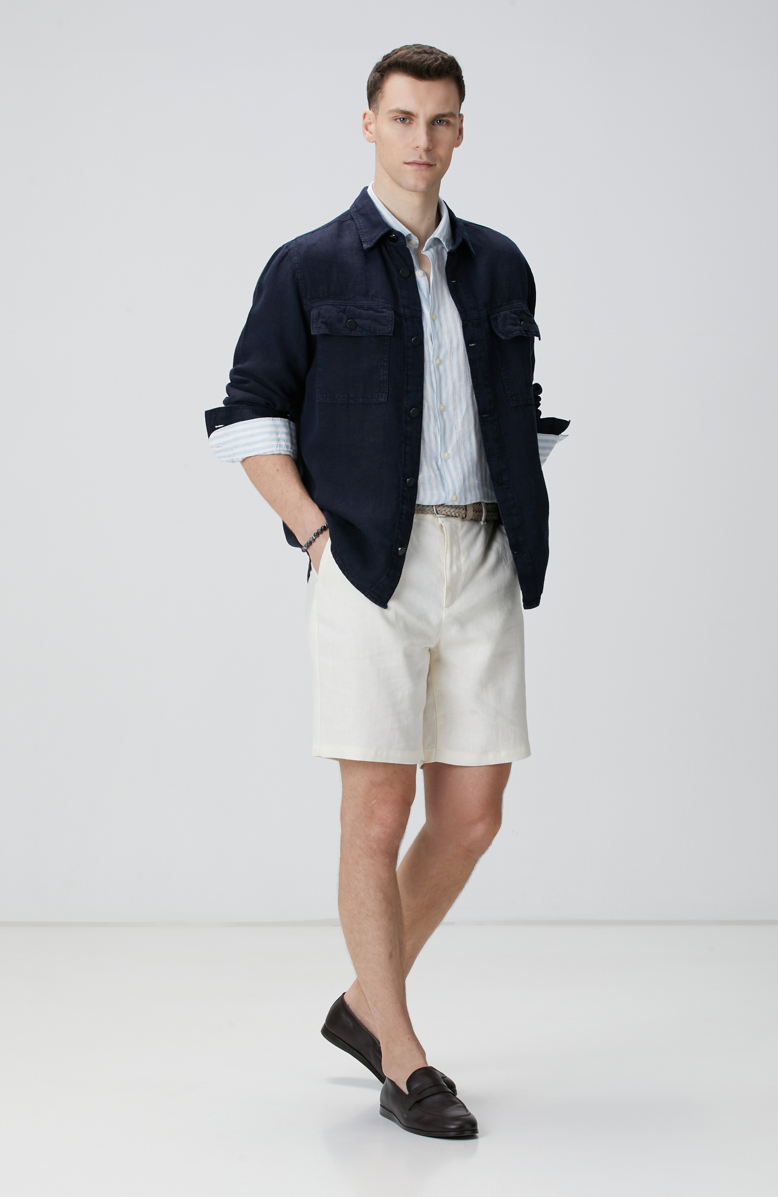 Mavi Beyaz Keten Gömlek