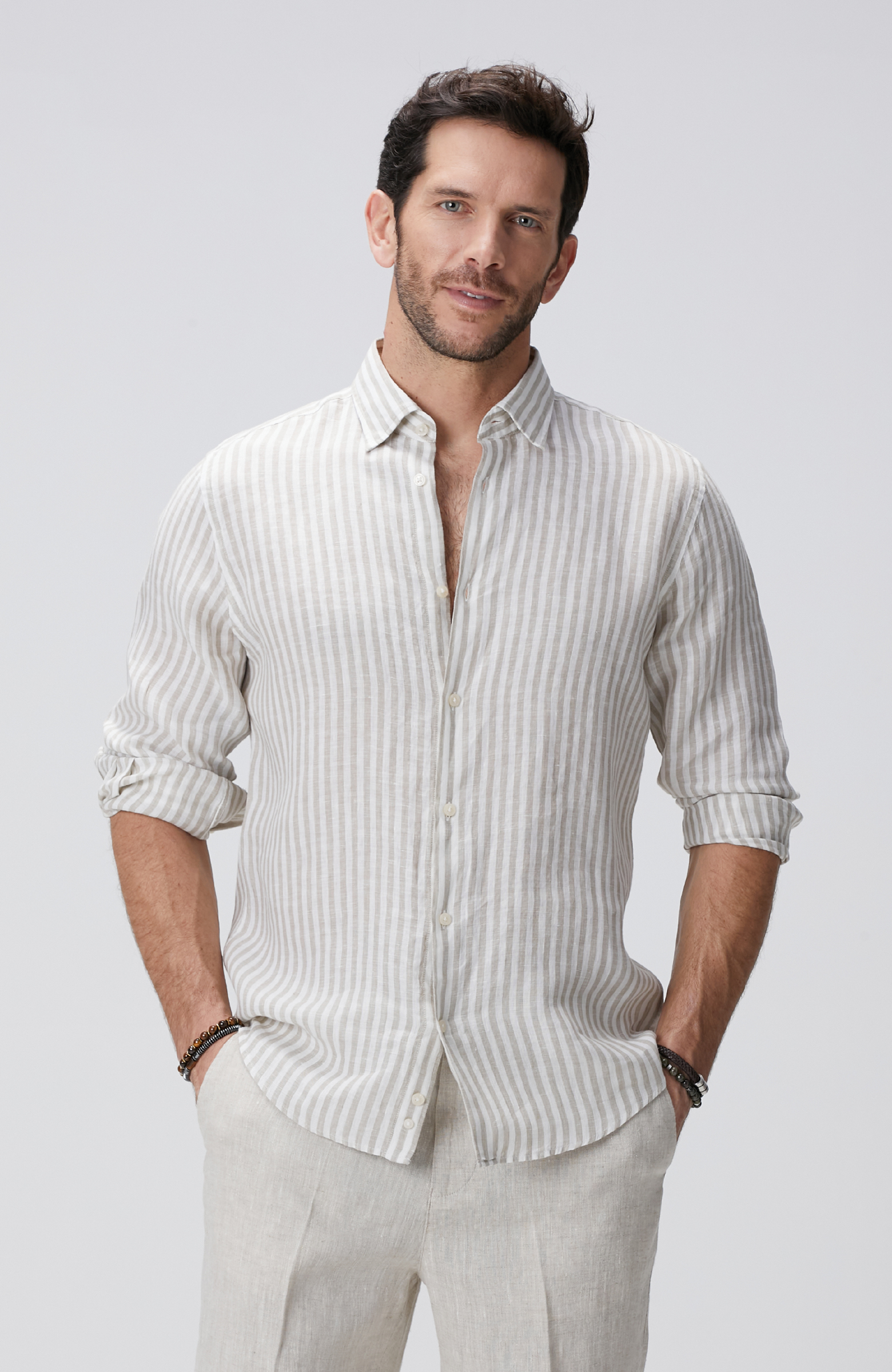 Haki Beyaz Keten Gömlek