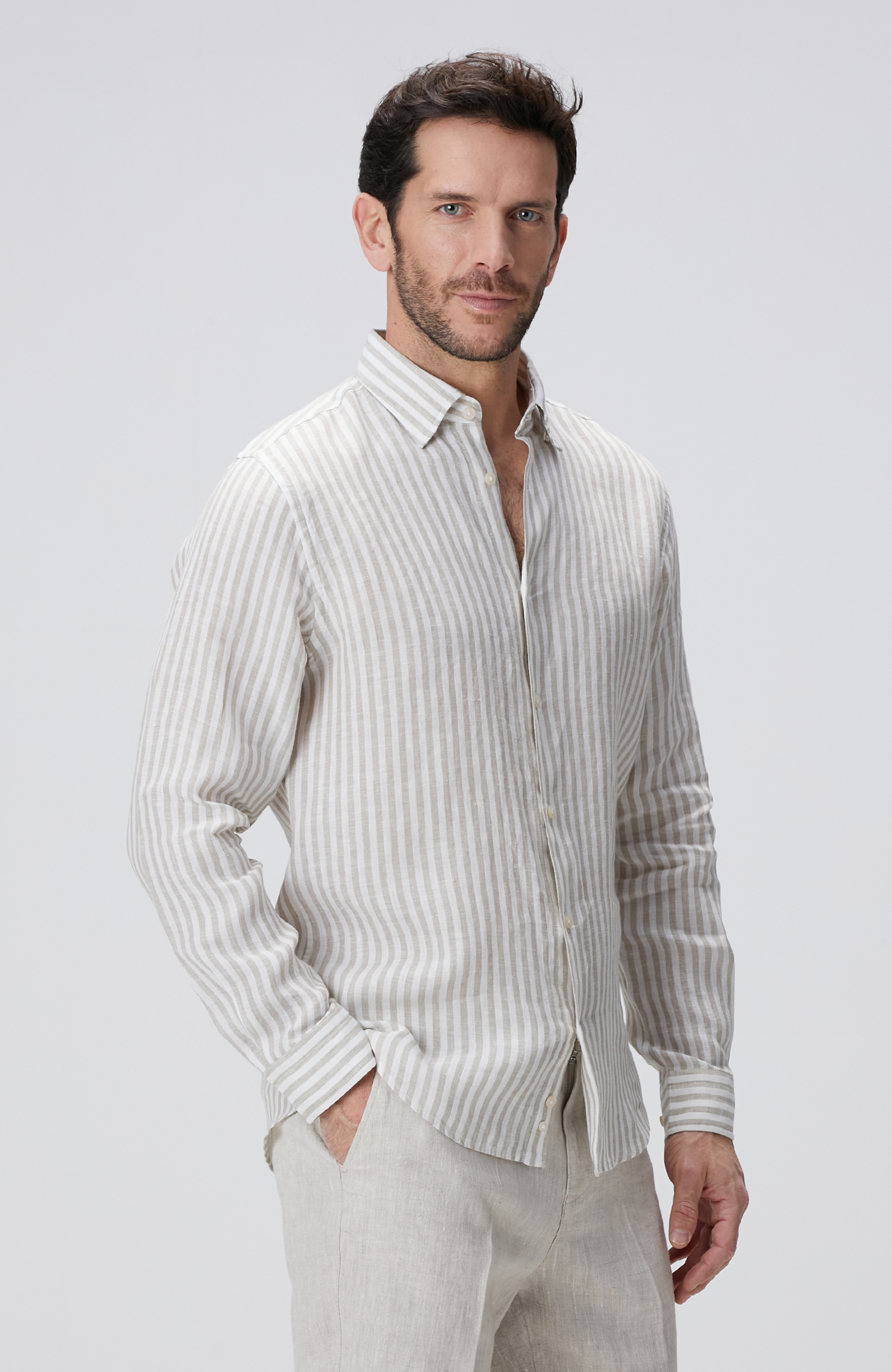 Haki Beyaz Keten Gömlek