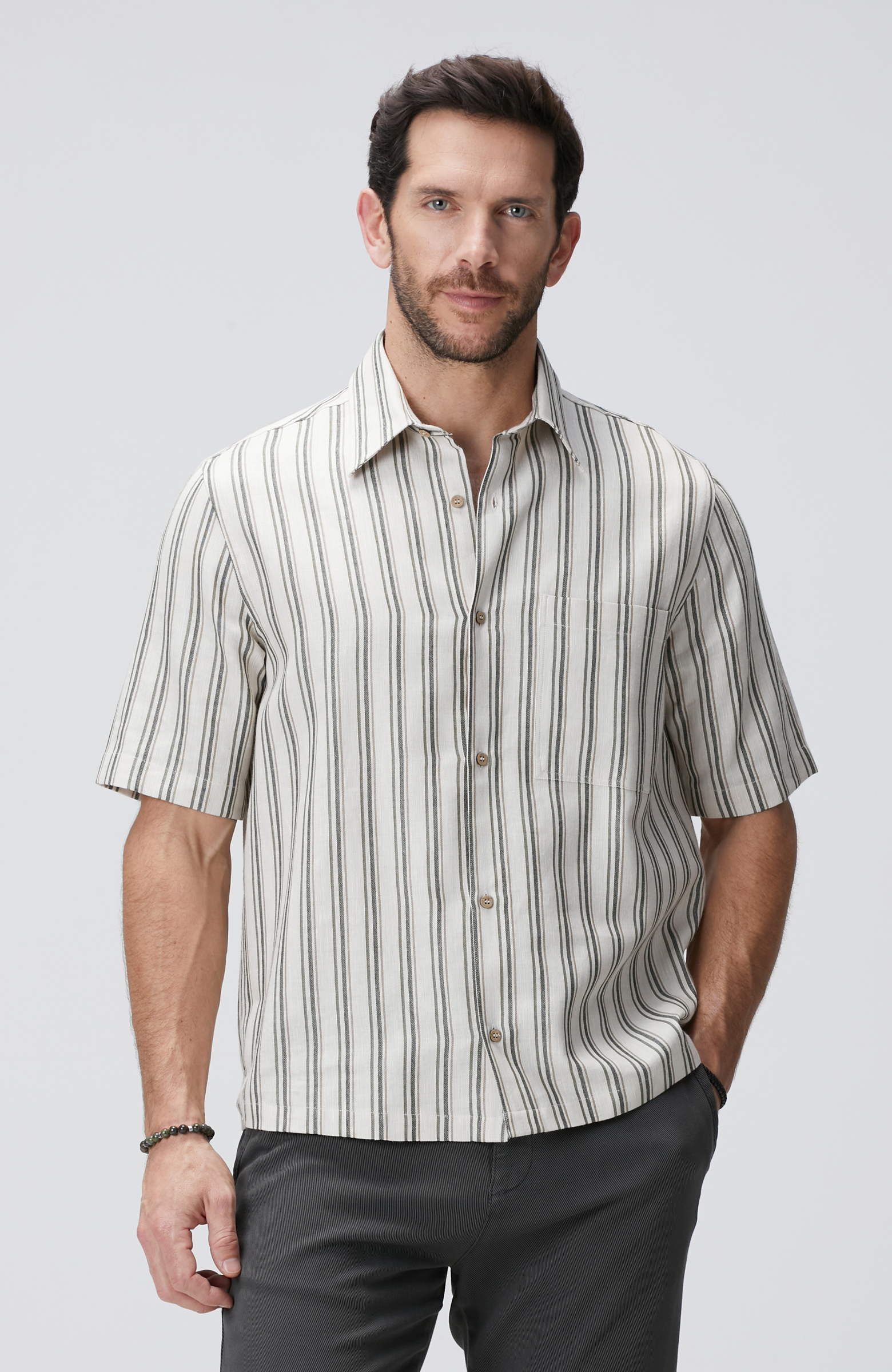 Kırık Beyaz Çizgili Keten Karışımlı Gömlek