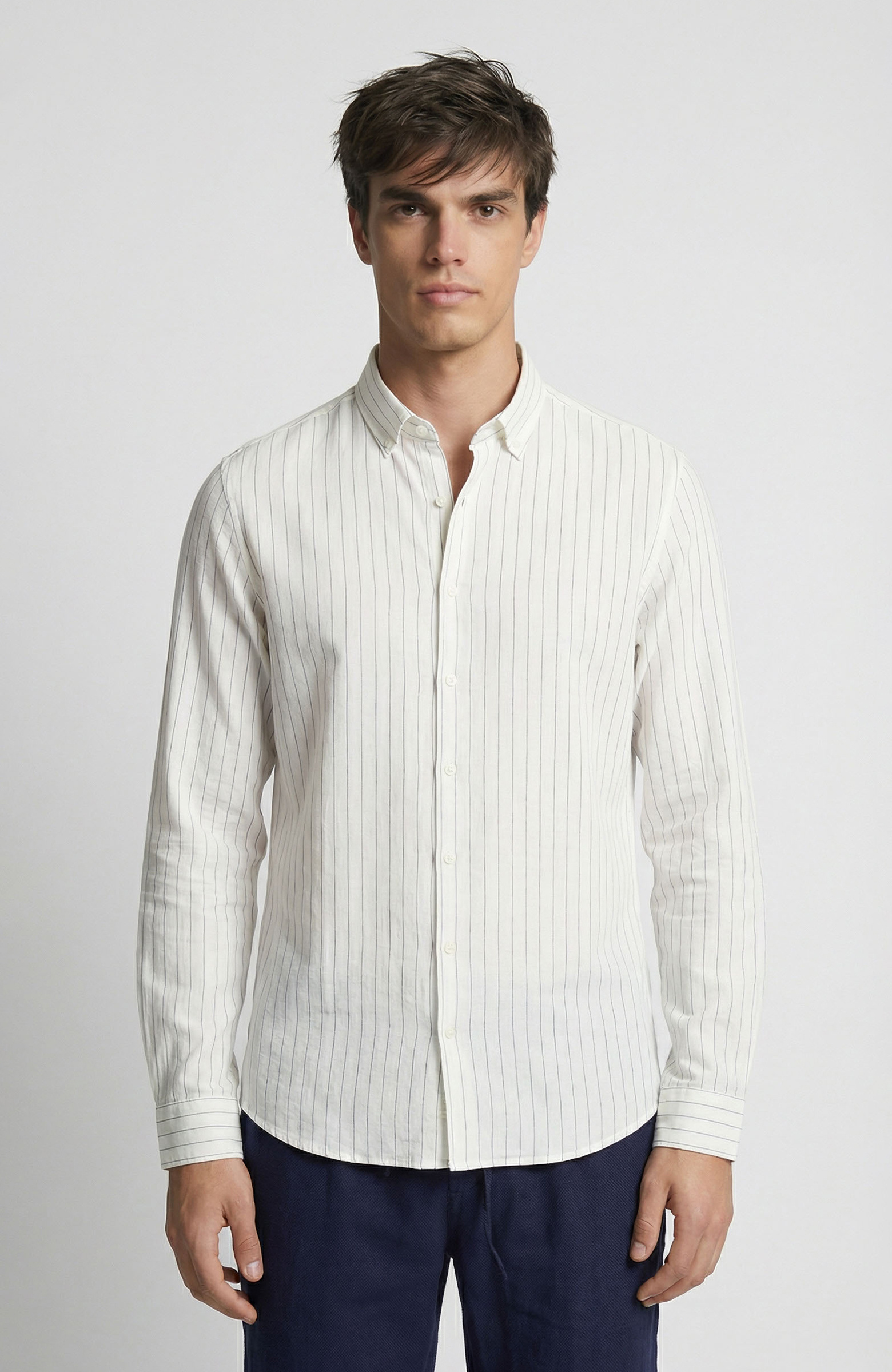White Line Patterned Linen Shirt