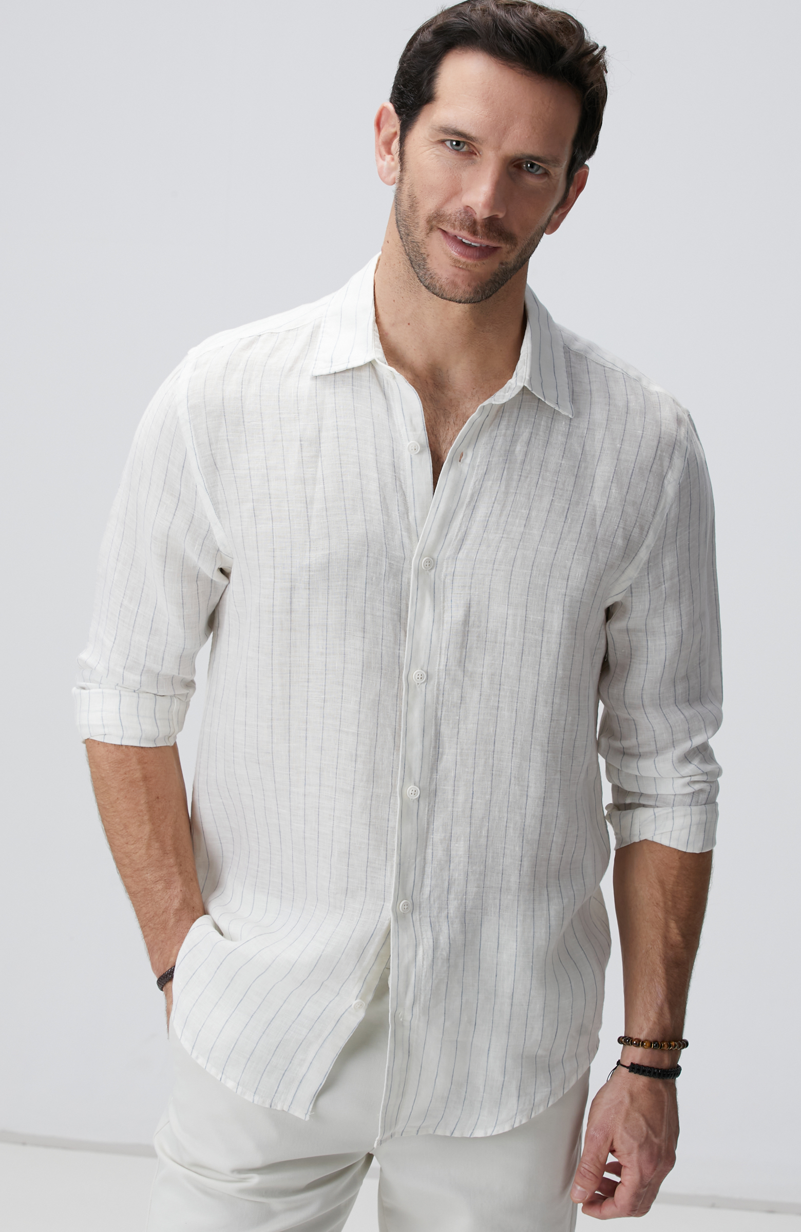 Beyaz Çizgi Desenli Keten Gömlek