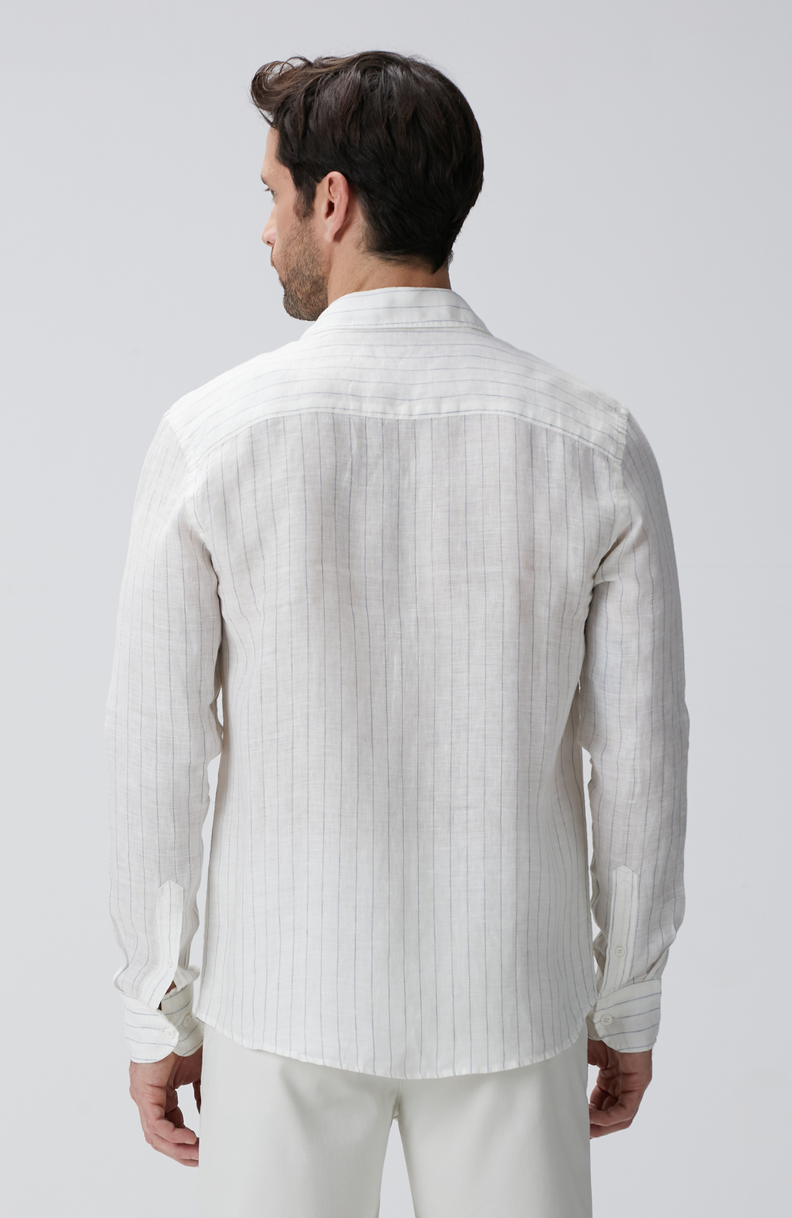 Beyaz Çizgi Desenli Keten Gömlek