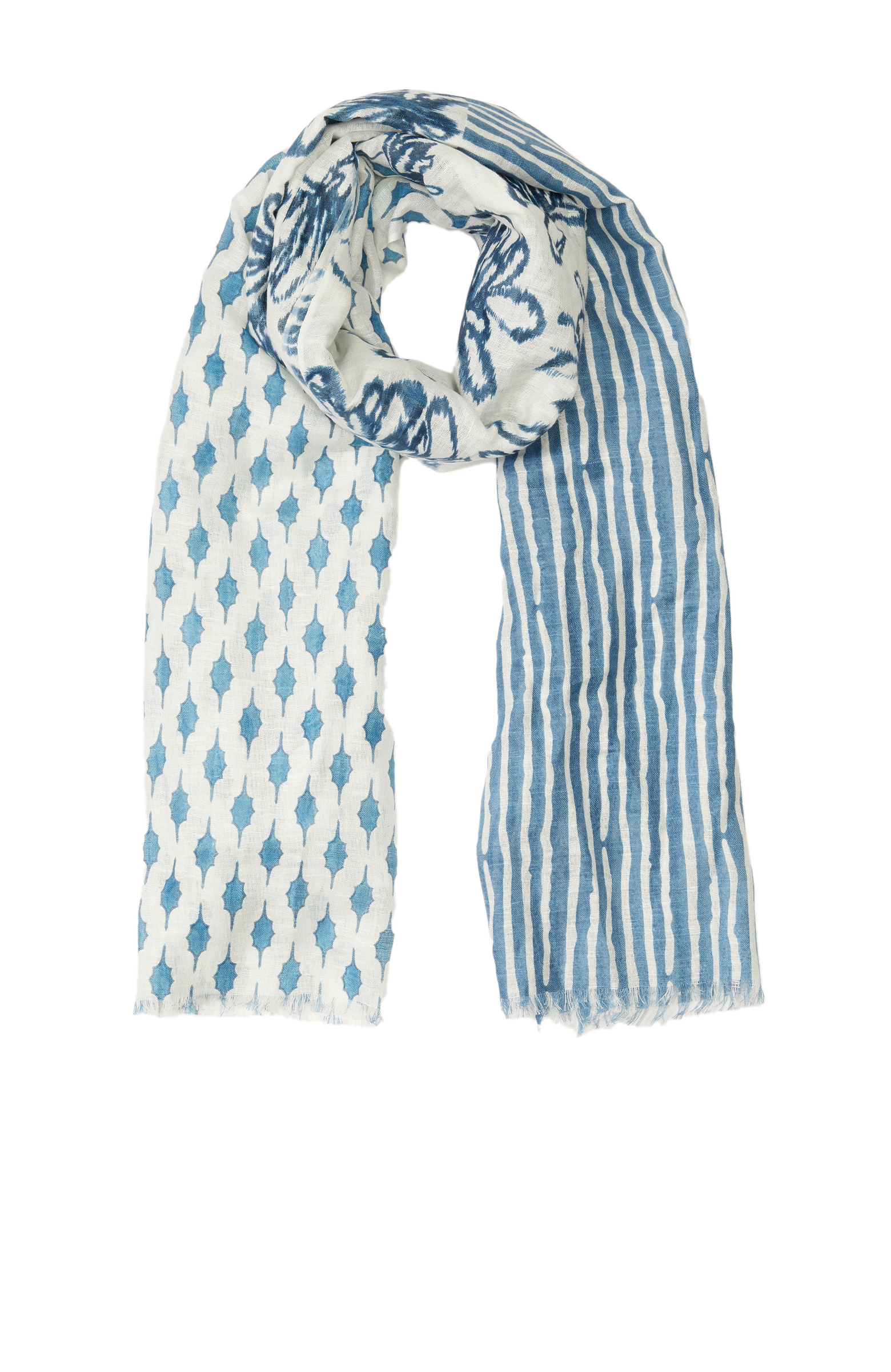 Beyaz Mavi Keten Karışımlı Kadın Şal