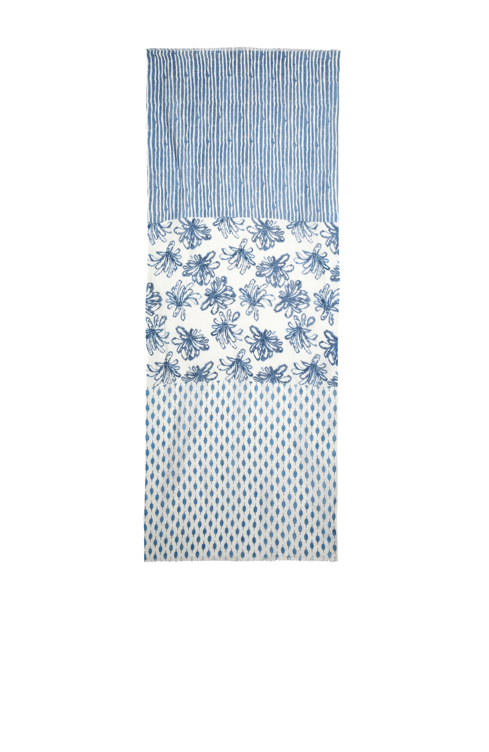 Beyaz Mavi Keten Karışımlı Kadın Şal