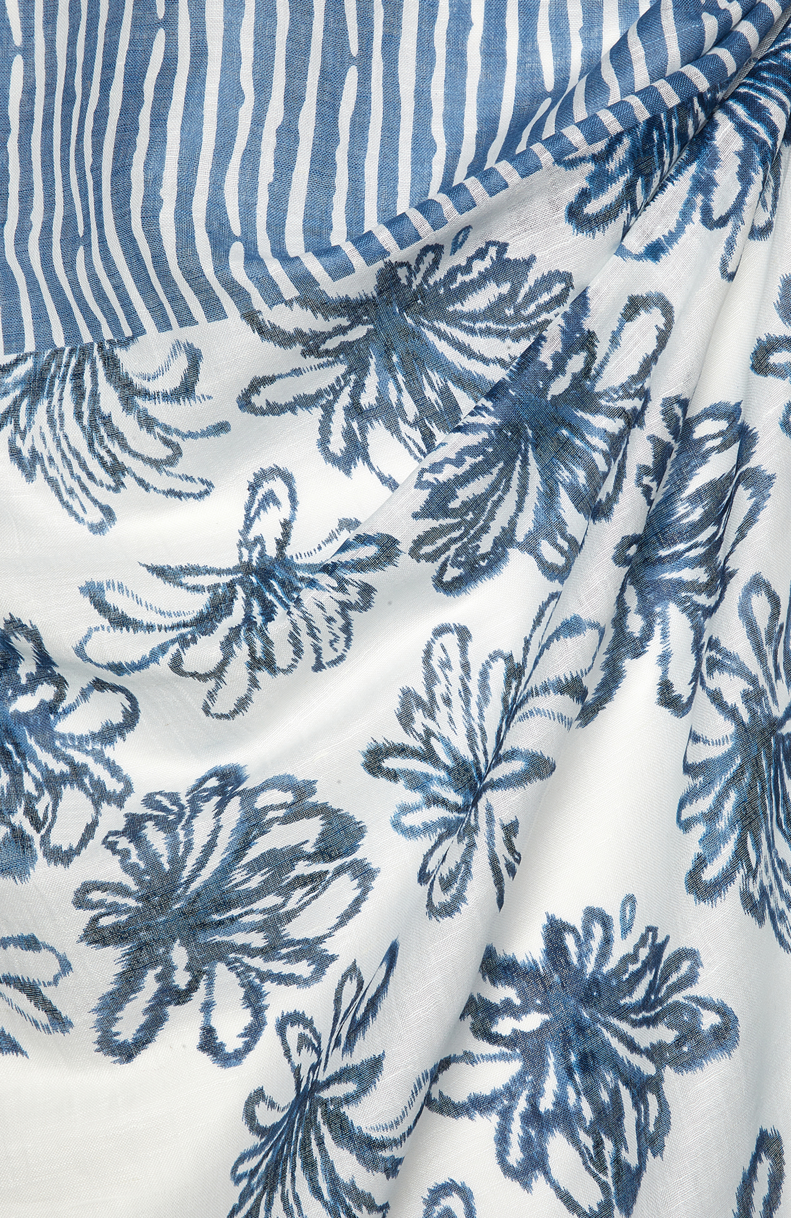 Beyaz Mavi Keten Karışımlı Kadın Şal