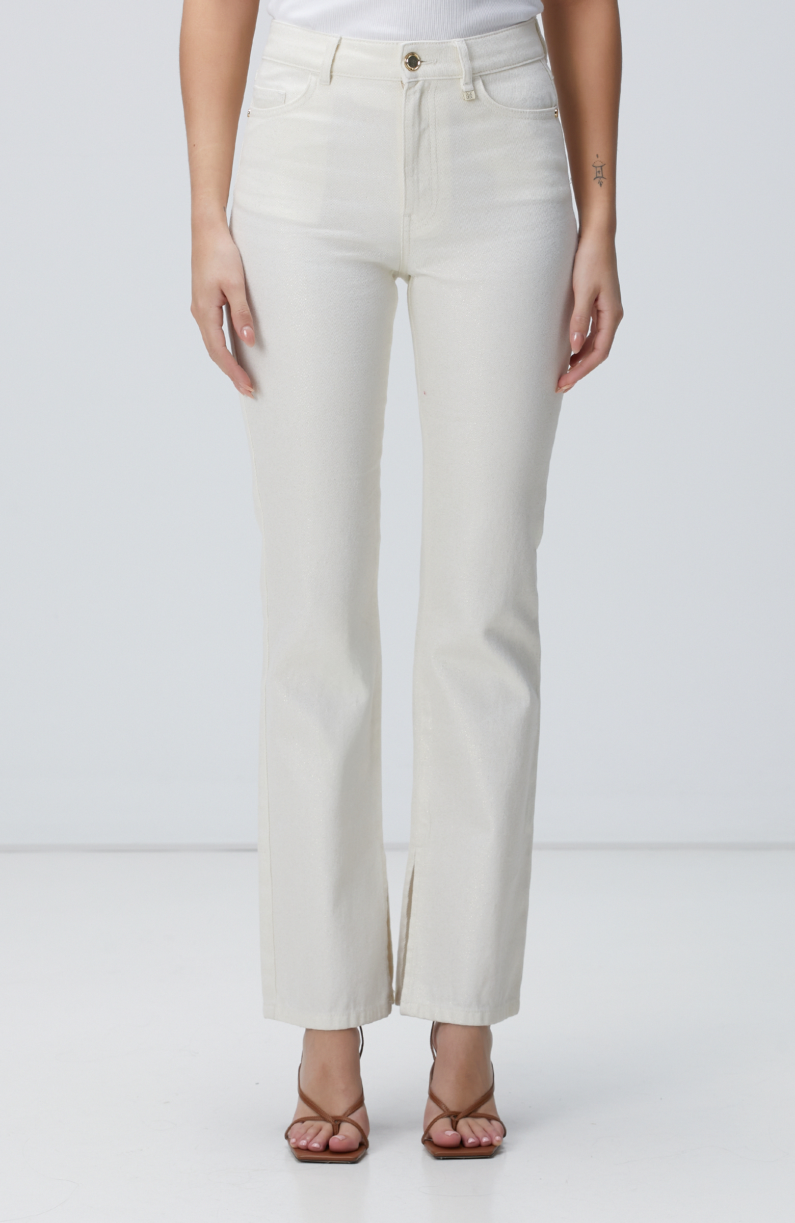 Ekru Simli Denim Pantolon