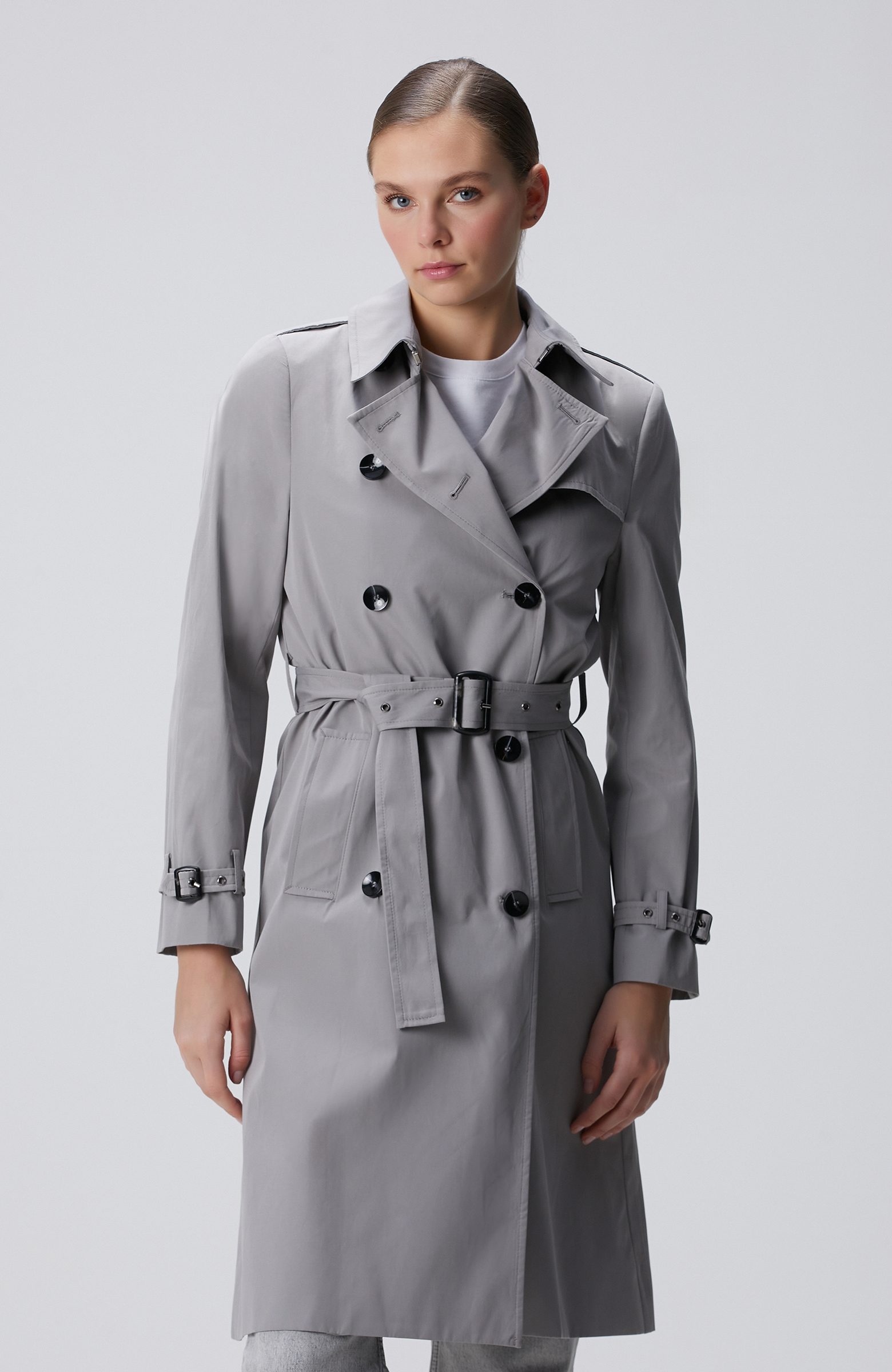 Açık Gri Apolet Detaylı Pardösü