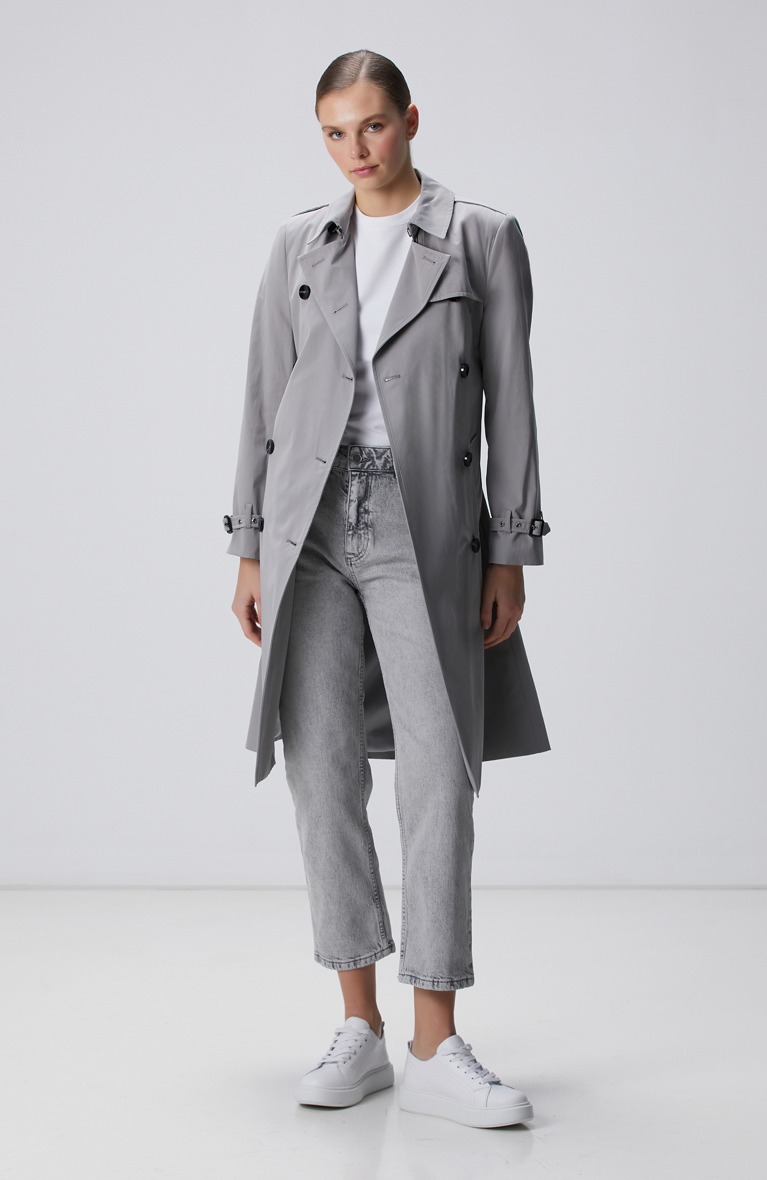 Açık Gri Apolet Detaylı Pardösü