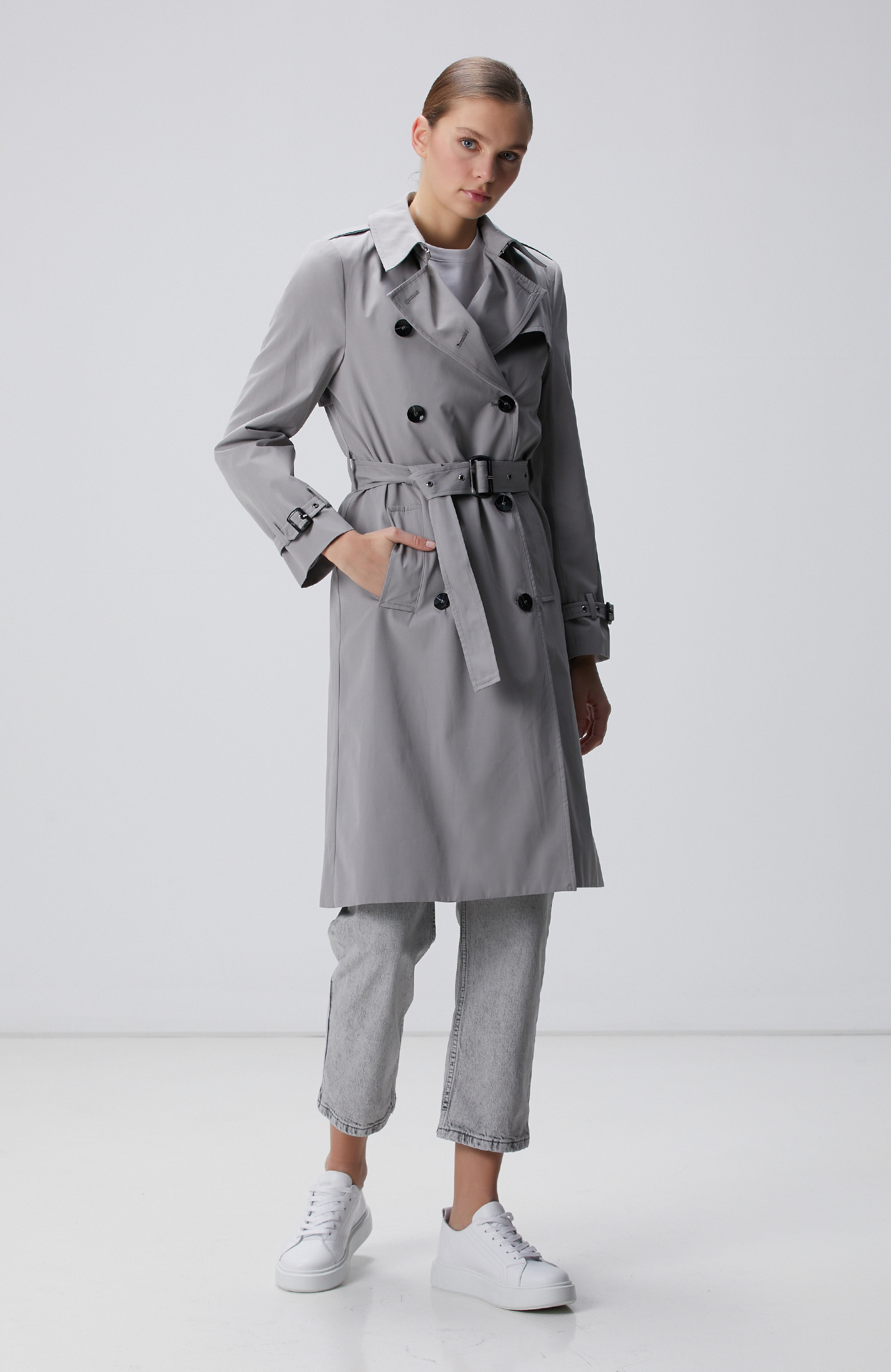 Açık Gri Apolet Detaylı Pardösü