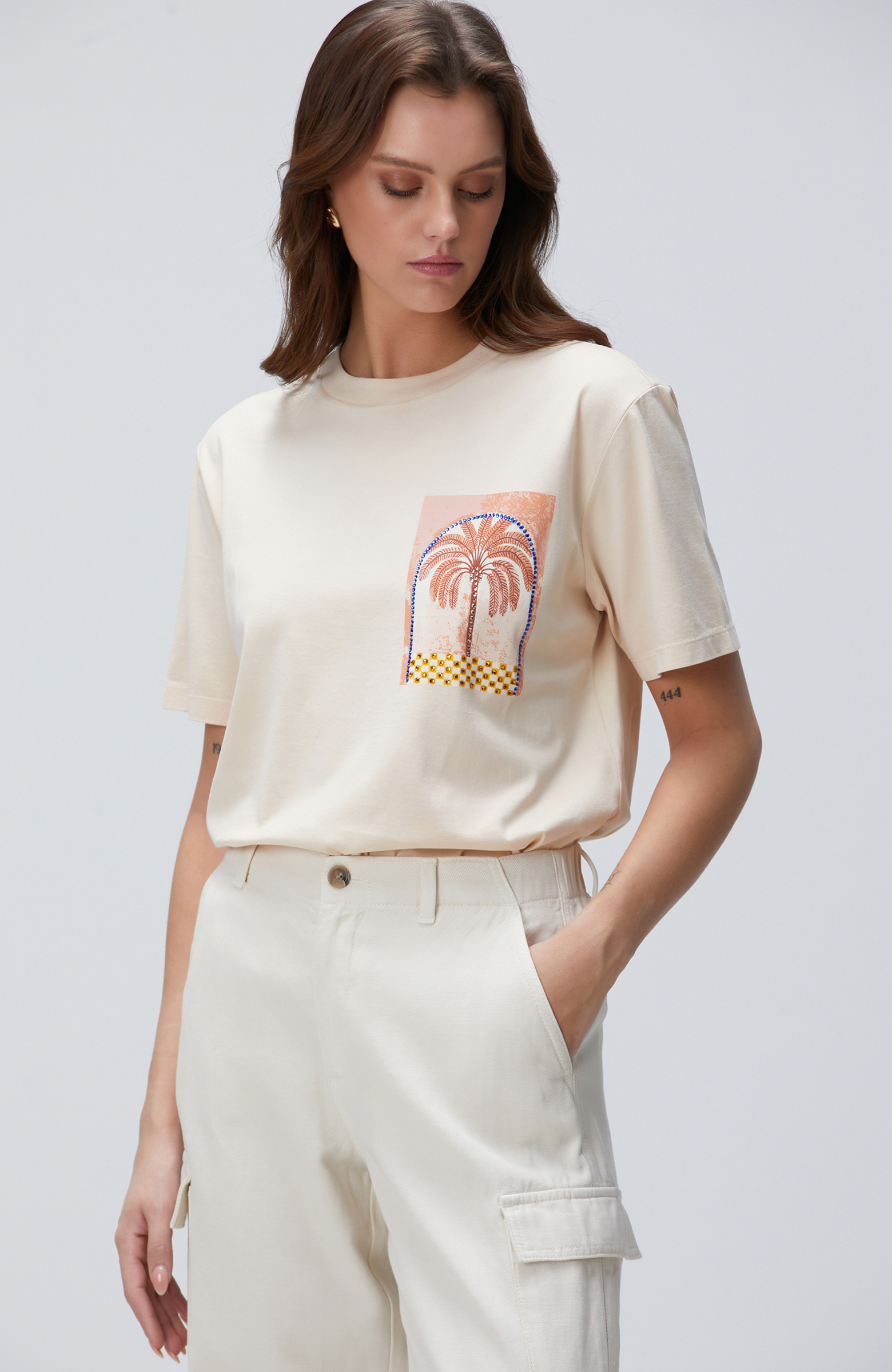 Bej Baskılı T-shirt