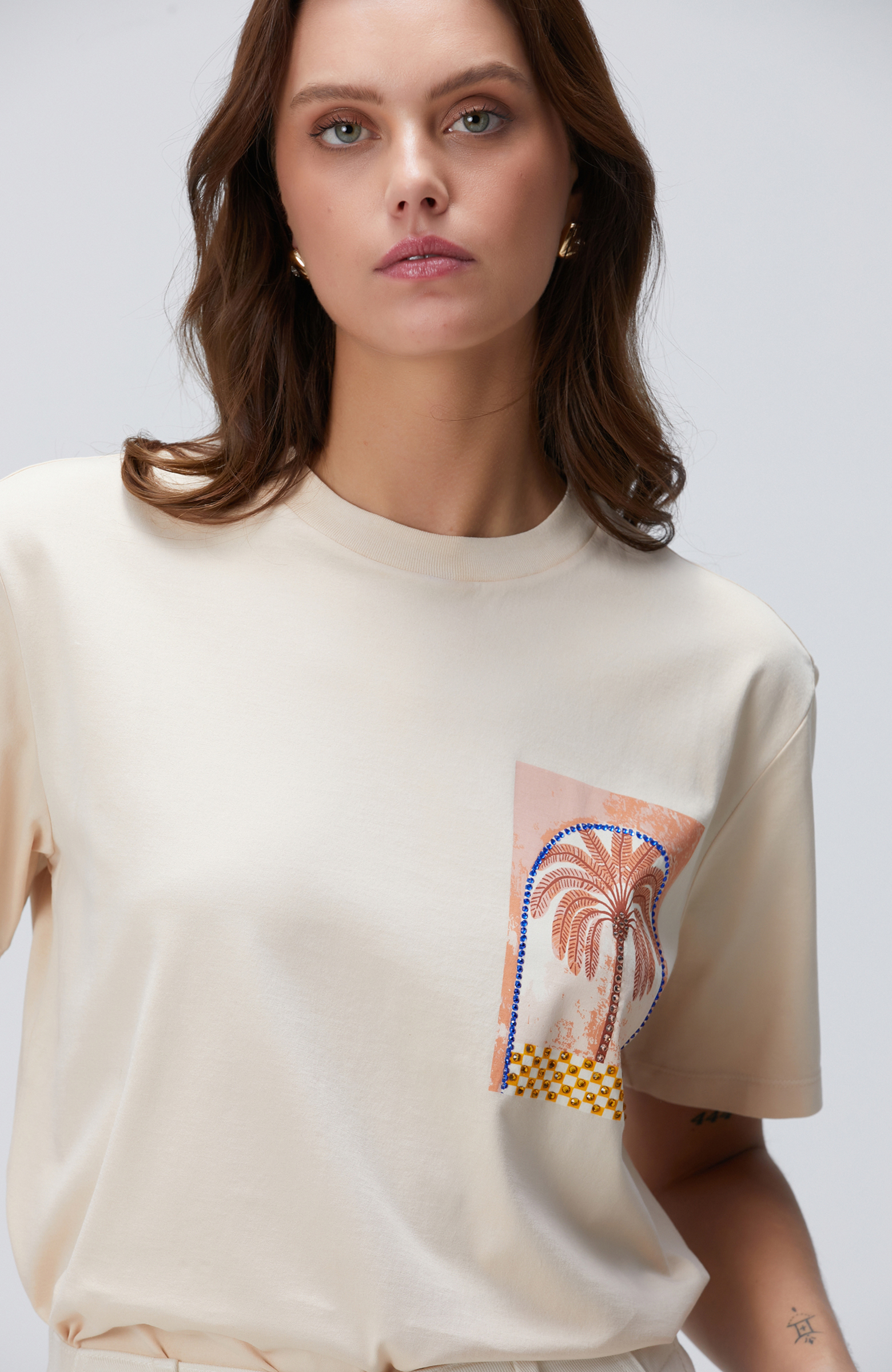 Bej Baskılı T-shirt