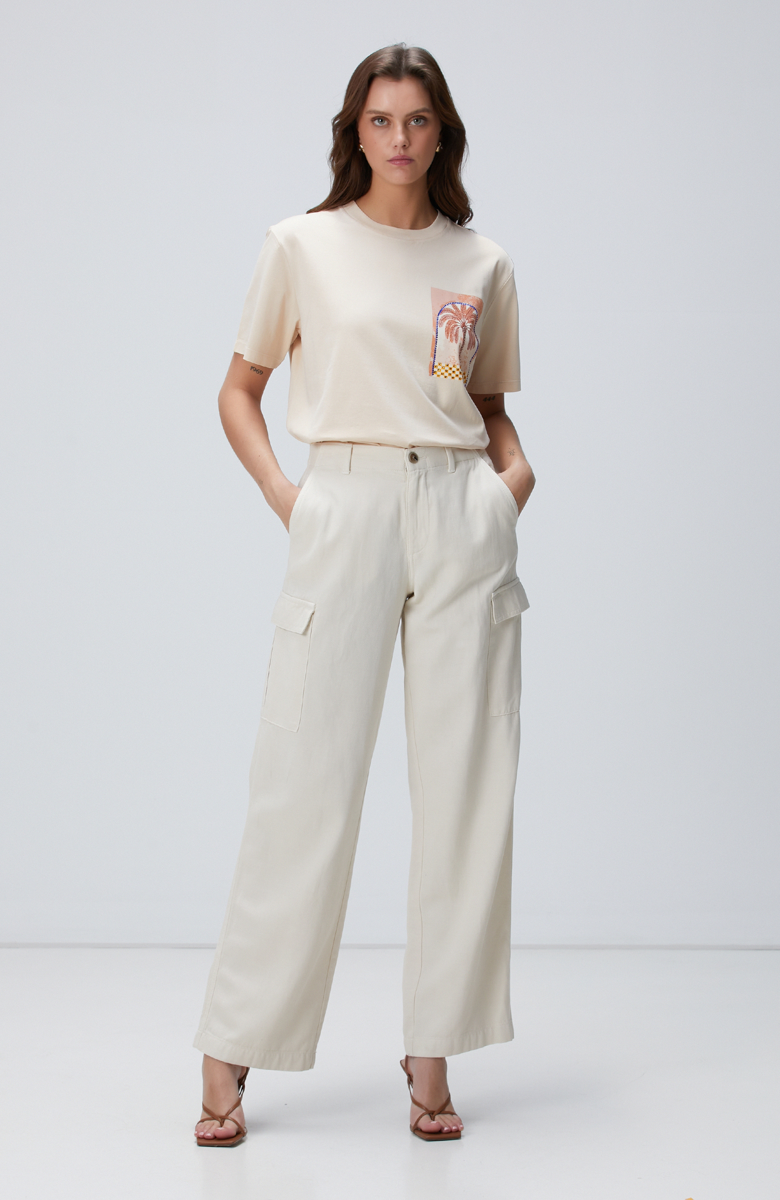 Bej Baskılı T-shirt