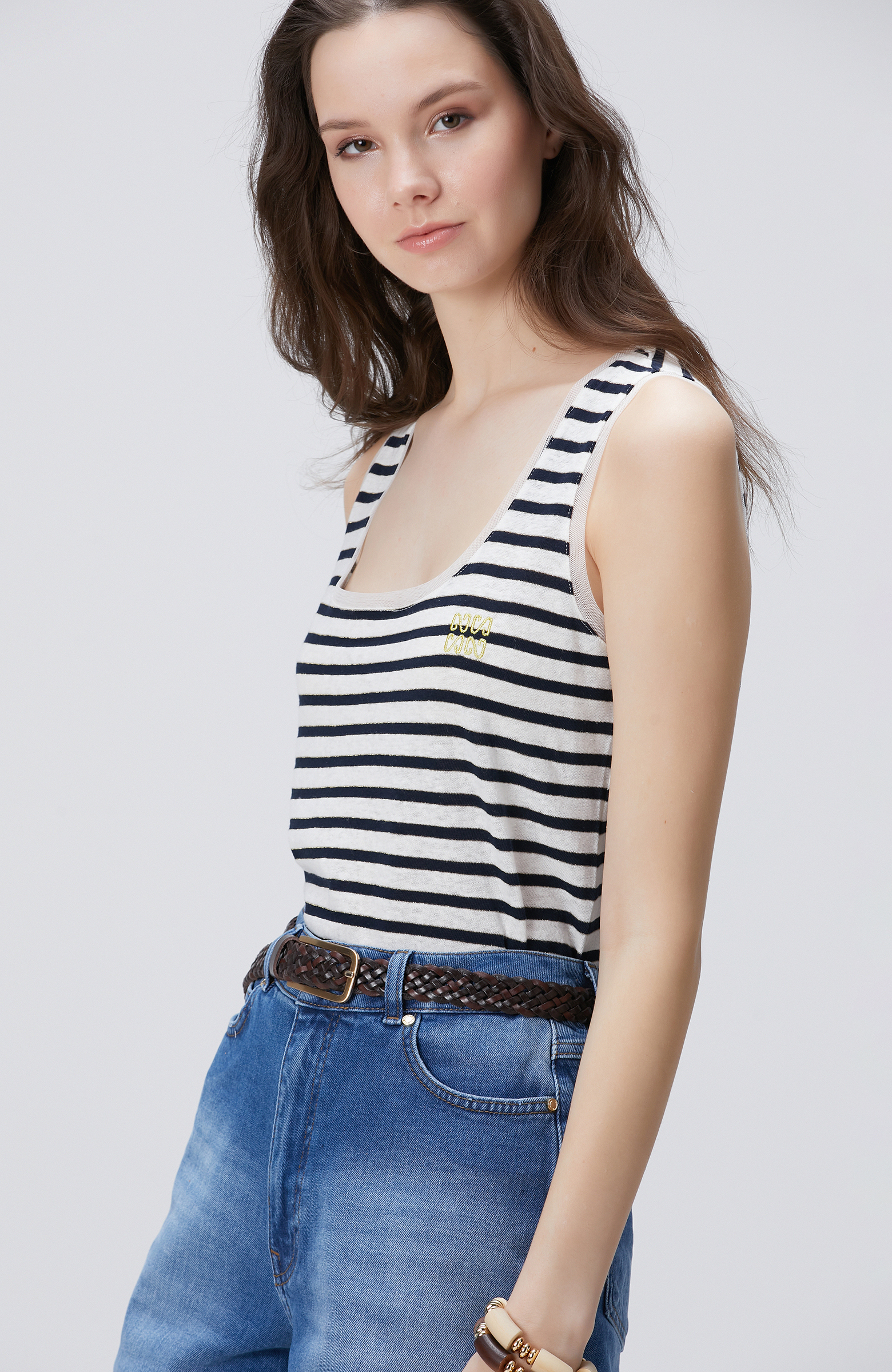 Lacivert Beyaz Keten Karışımlı T-shirt