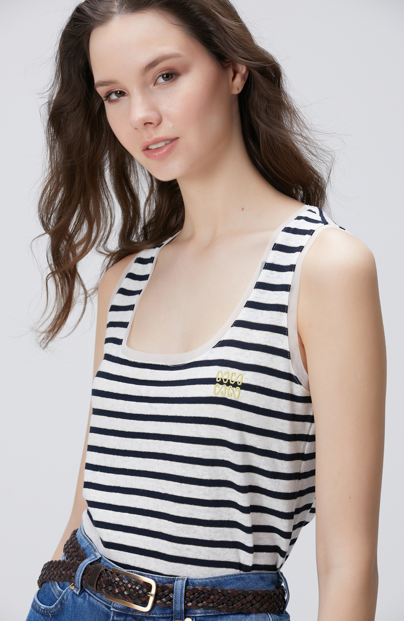 Lacivert Beyaz Keten Karışımlı T-shirt