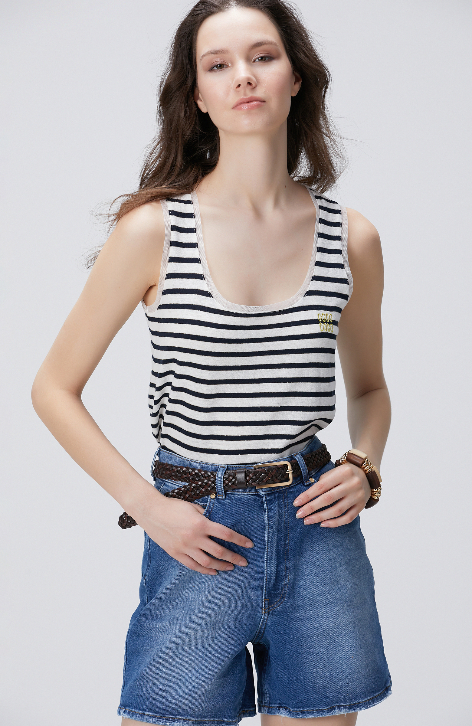 Lacivert Beyaz Keten Karışımlı T-shirt