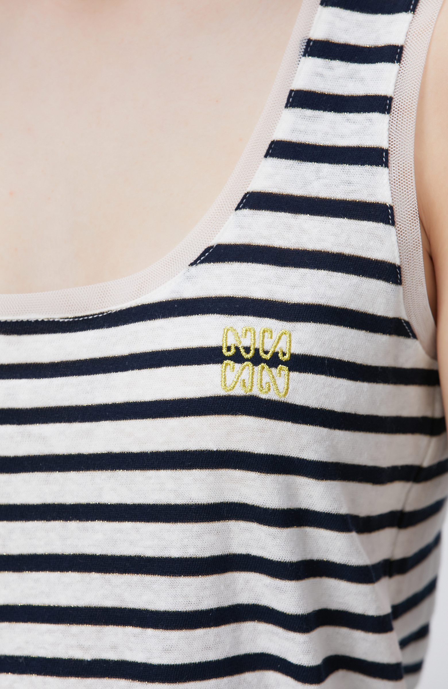 Lacivert Beyaz Keten Karışımlı T-shirt