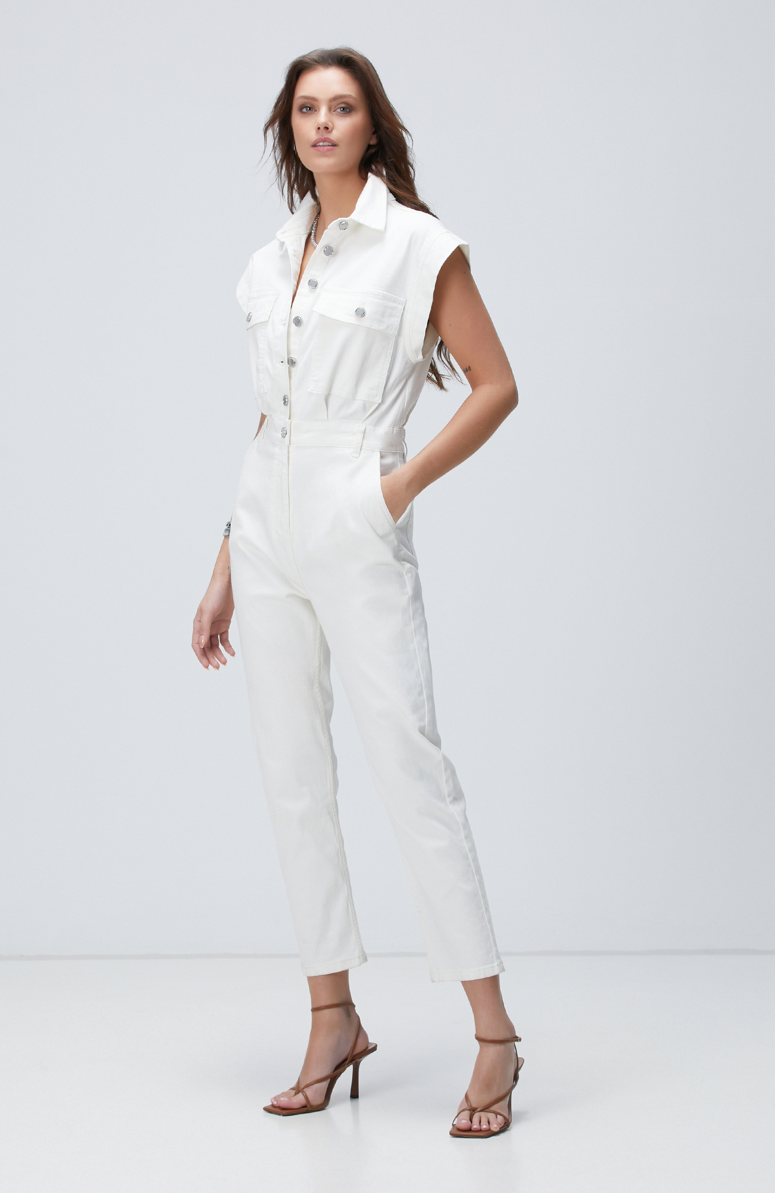 Kırık Beyaz Denim Tulum