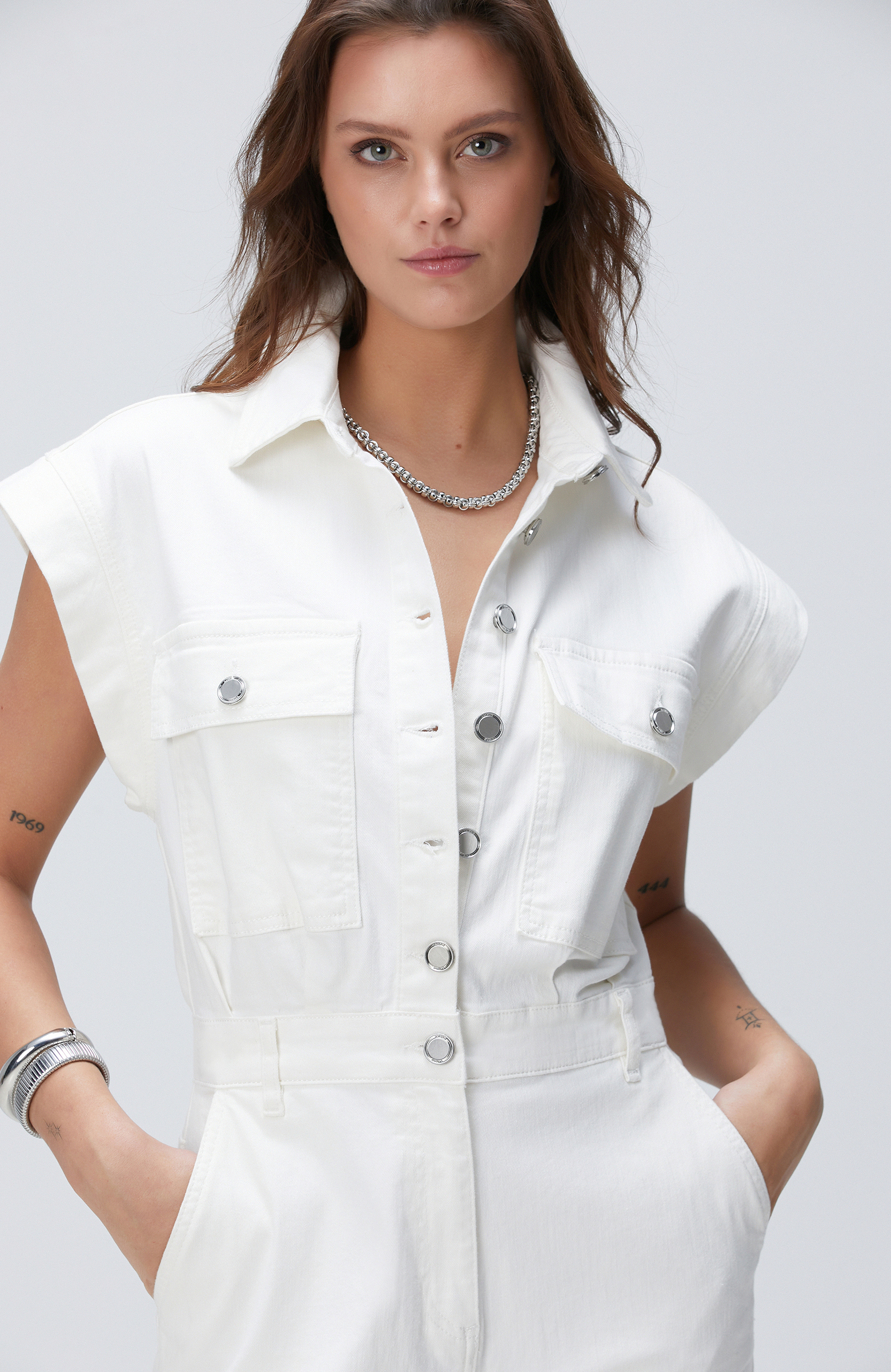 Kırık Beyaz Denim Tulum