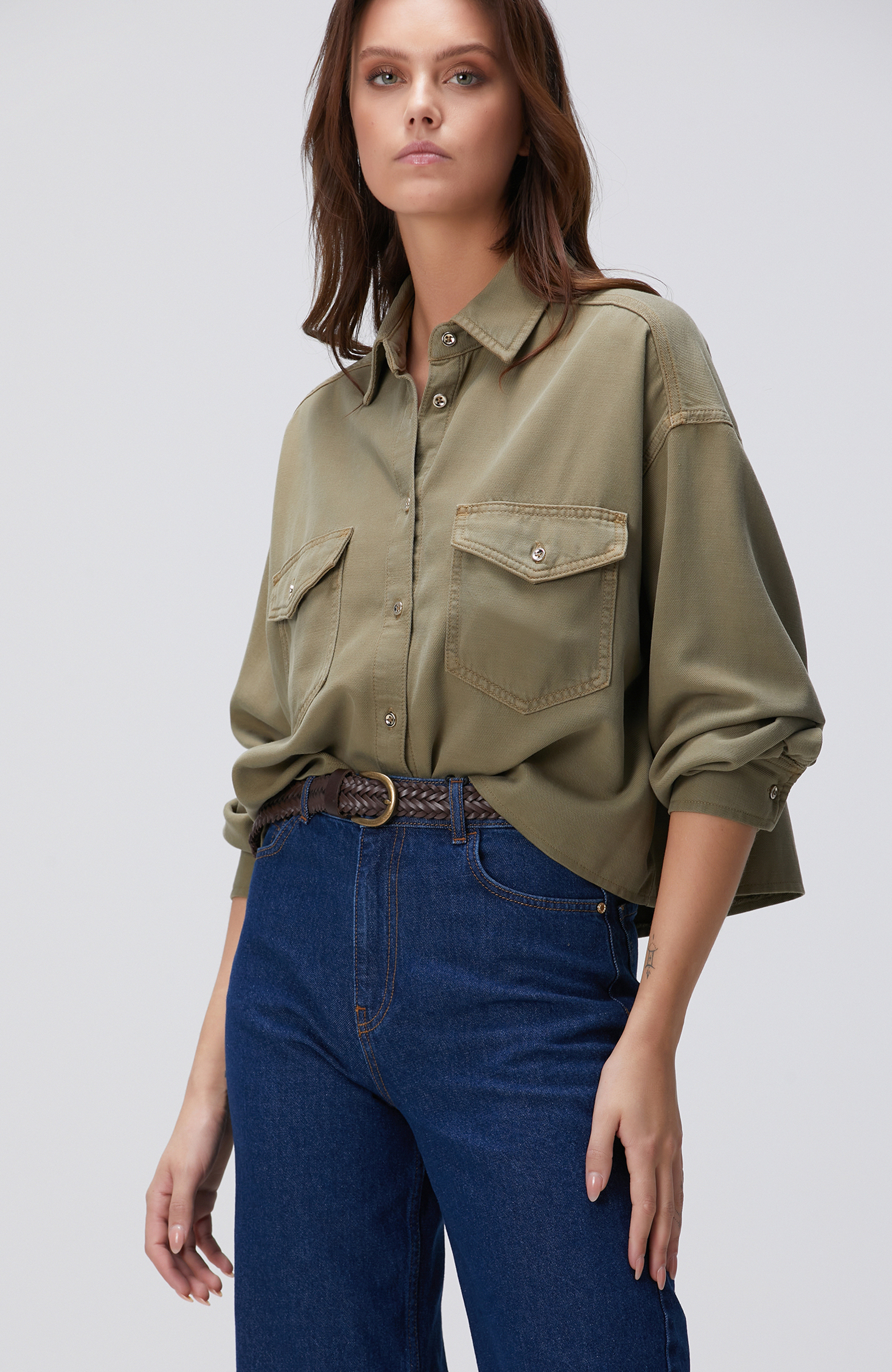 Haki Tencel Karışımlı Denim Gömlek