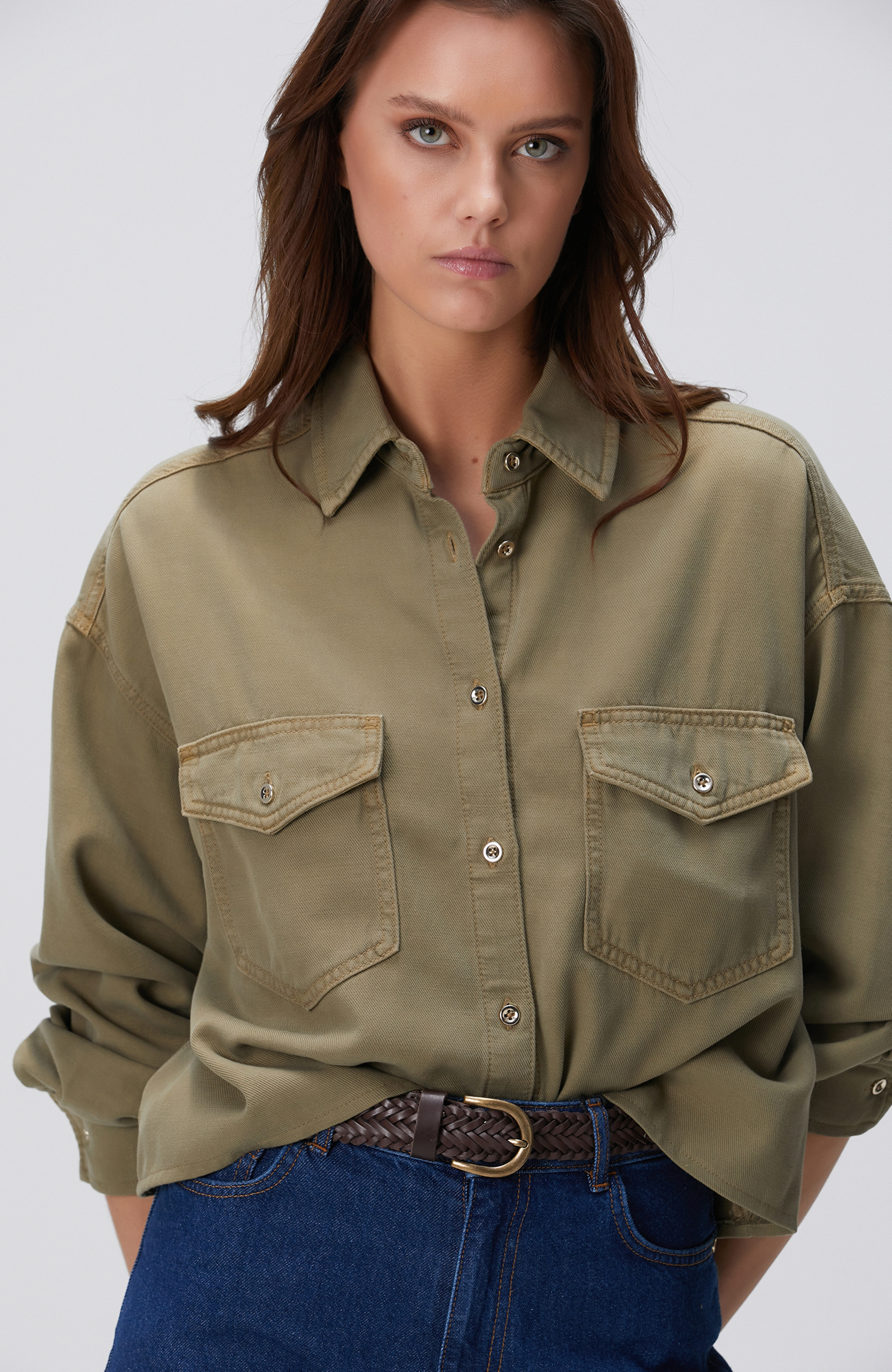 Haki Tencel Karışımlı Denim Gömlek