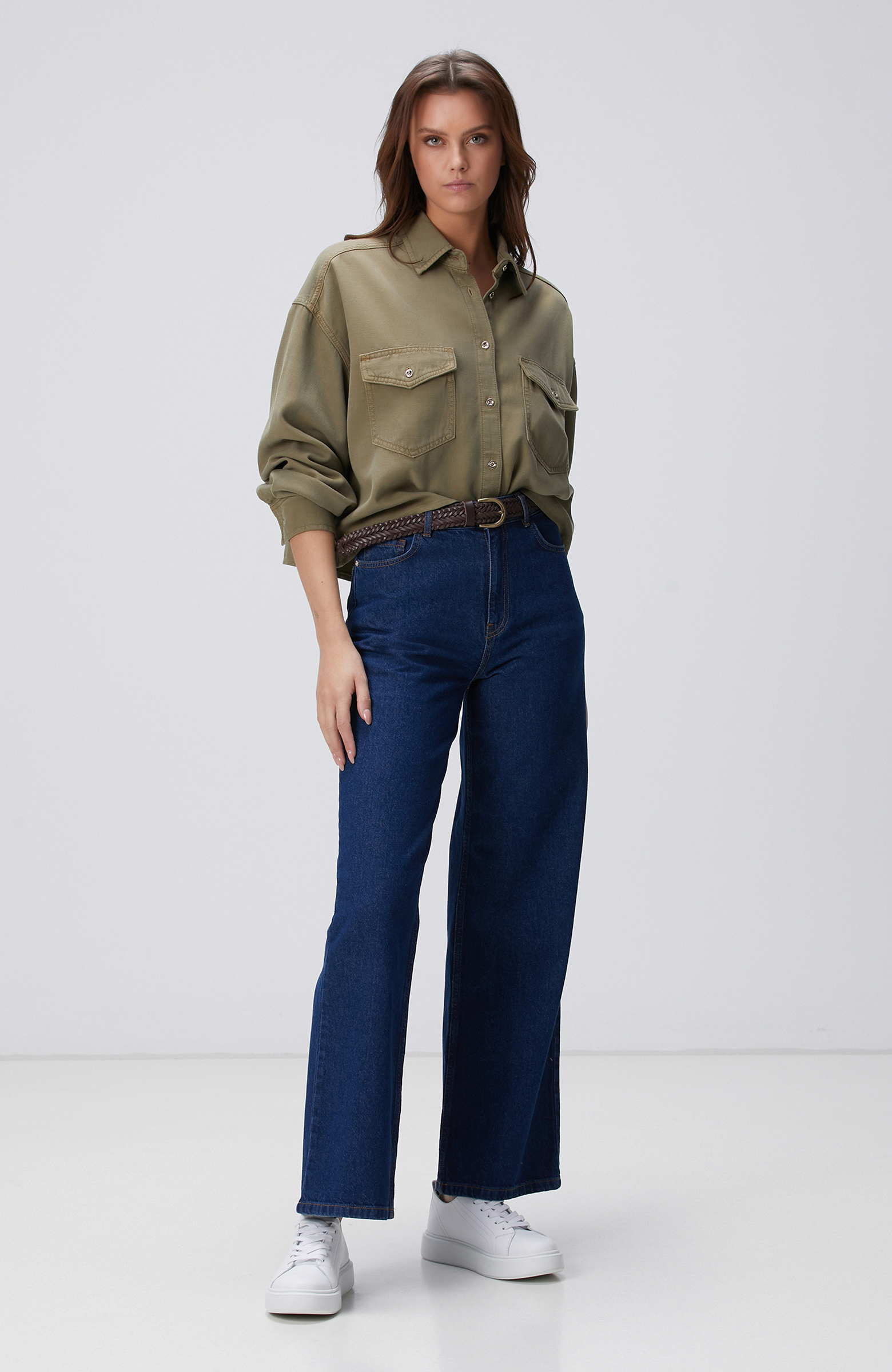 Haki Tencel Karışımlı Denim Gömlek