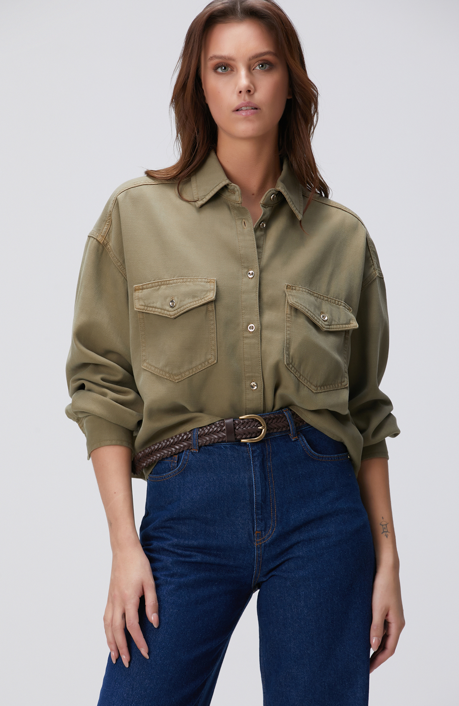 Haki Tencel Karışımlı Denim Gömlek