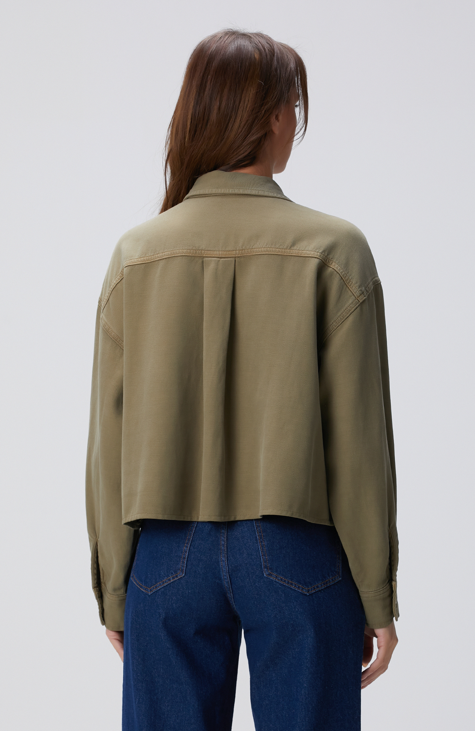 Haki Tencel Karışımlı Denim Gömlek