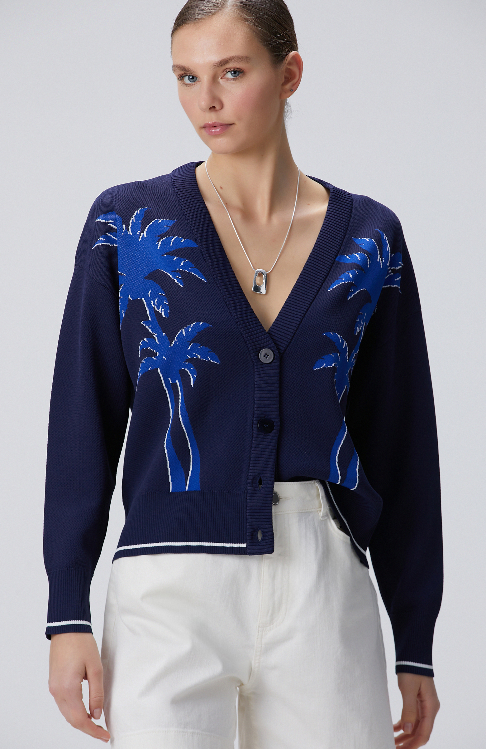 Lacivert Palmiye Desenli Hırka