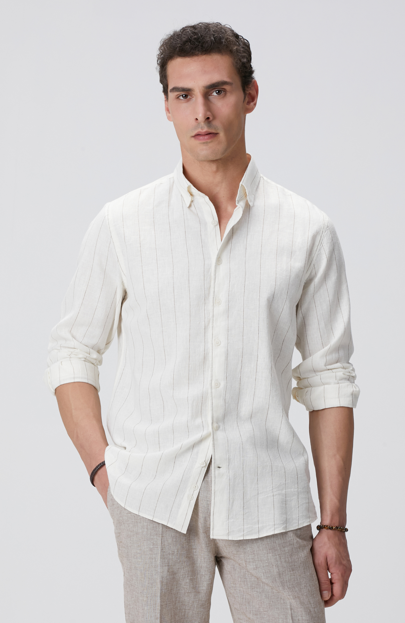 Kırık Beyaz Çizgi Desenli Keten Gömlek